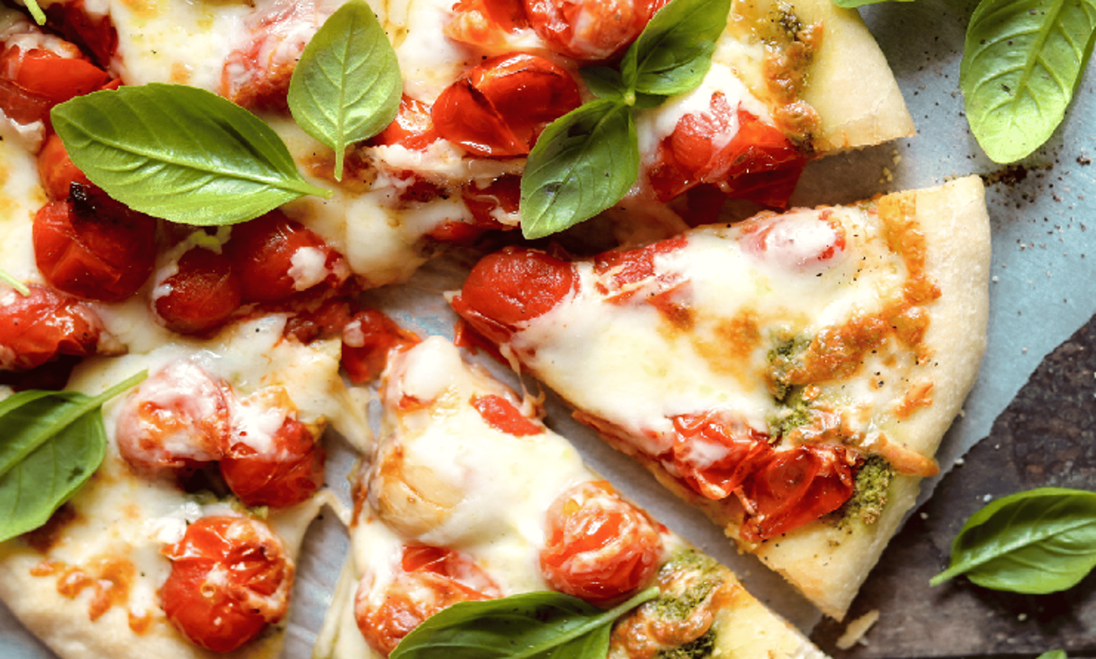 Basil, Pesto & Tomato Pizza.