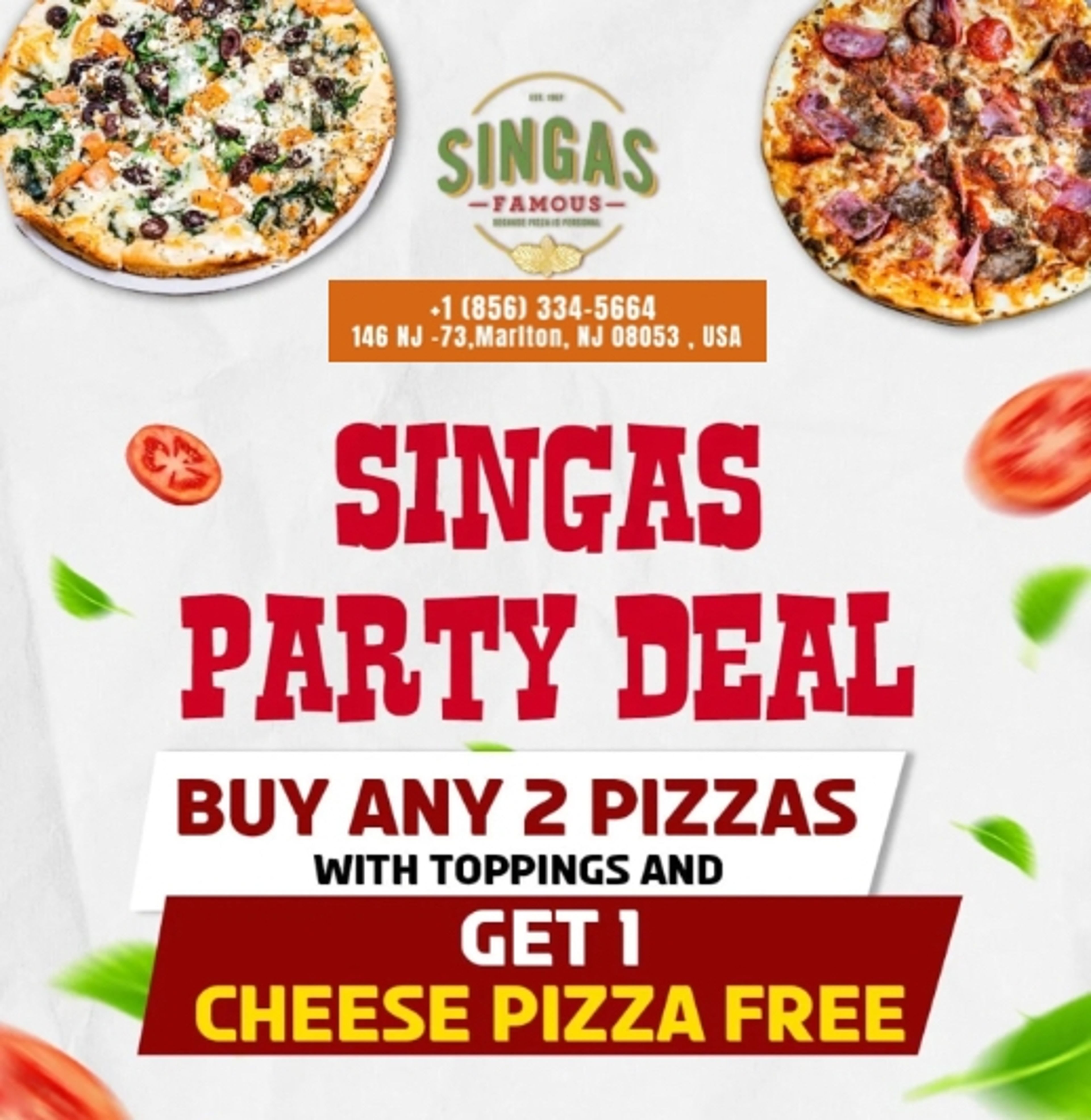 Buy 2 Pizza W/ Toppings get 1 Cheese Pizza Free.