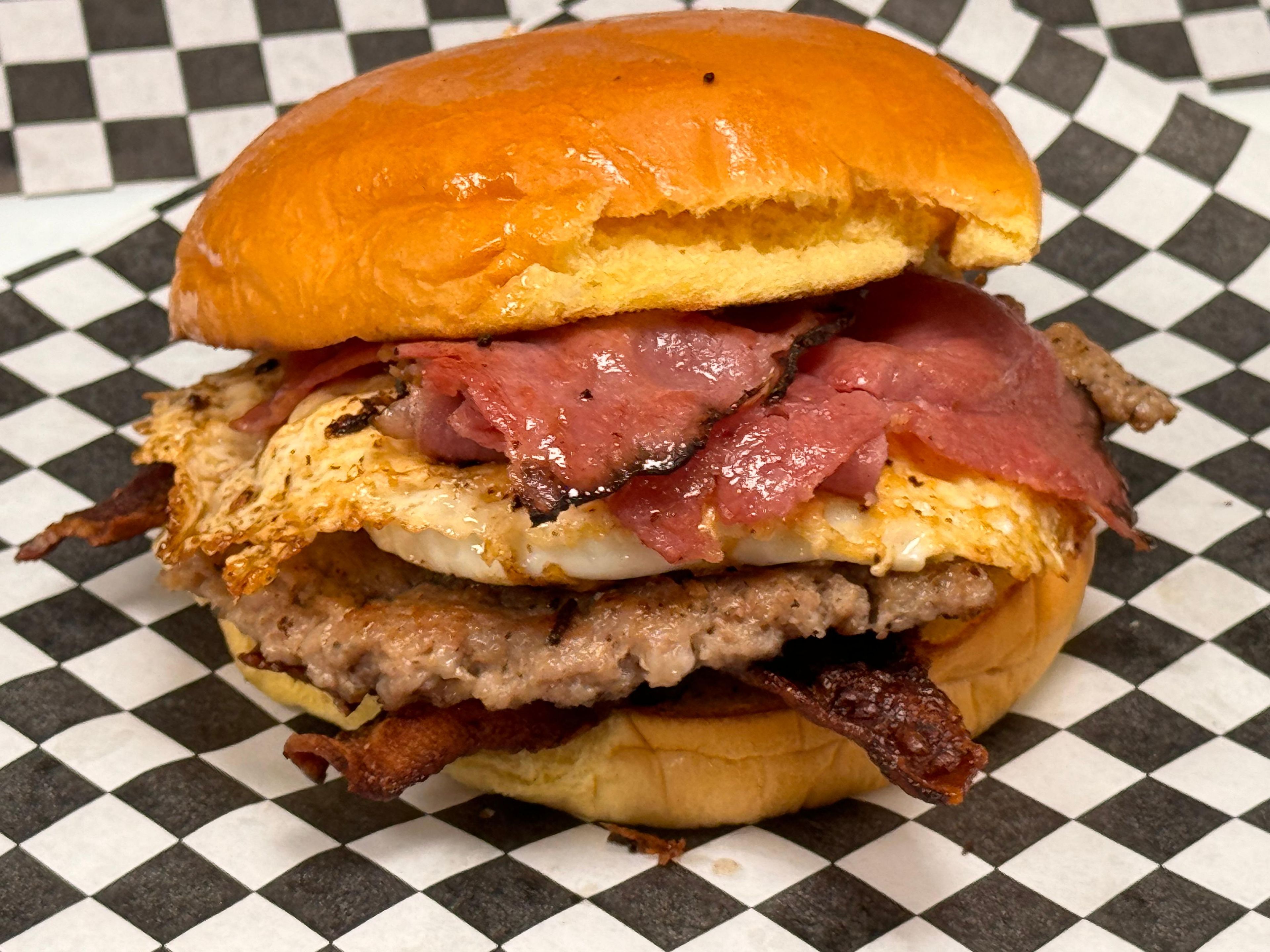 Pastrami, Egg and Cheese Sandwich w/Patty Cake.