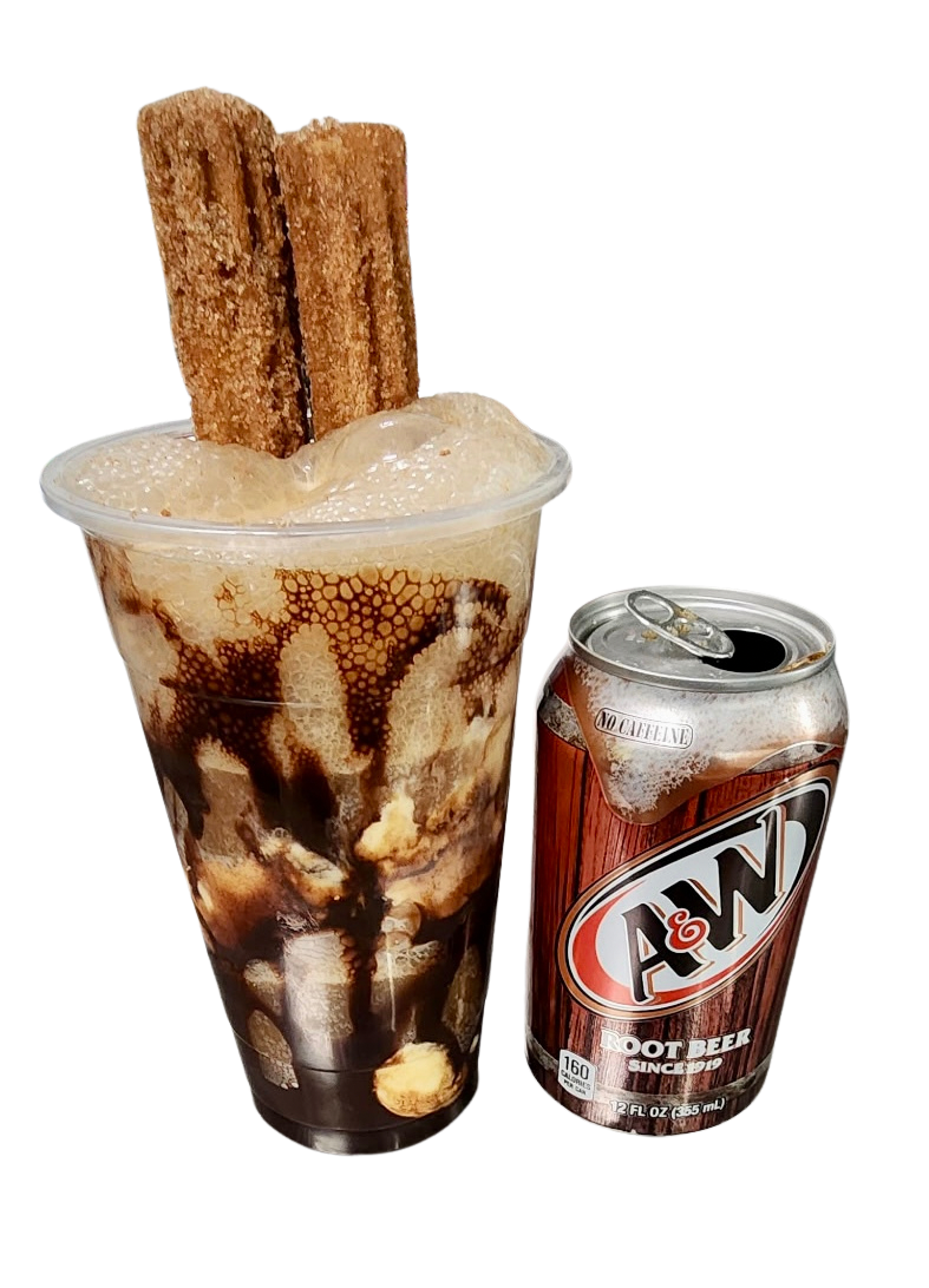 2 CHURRO ROOT BEER FLOAT VANILLA ICE CREAM WITH CHOCOLATE SYRUP.