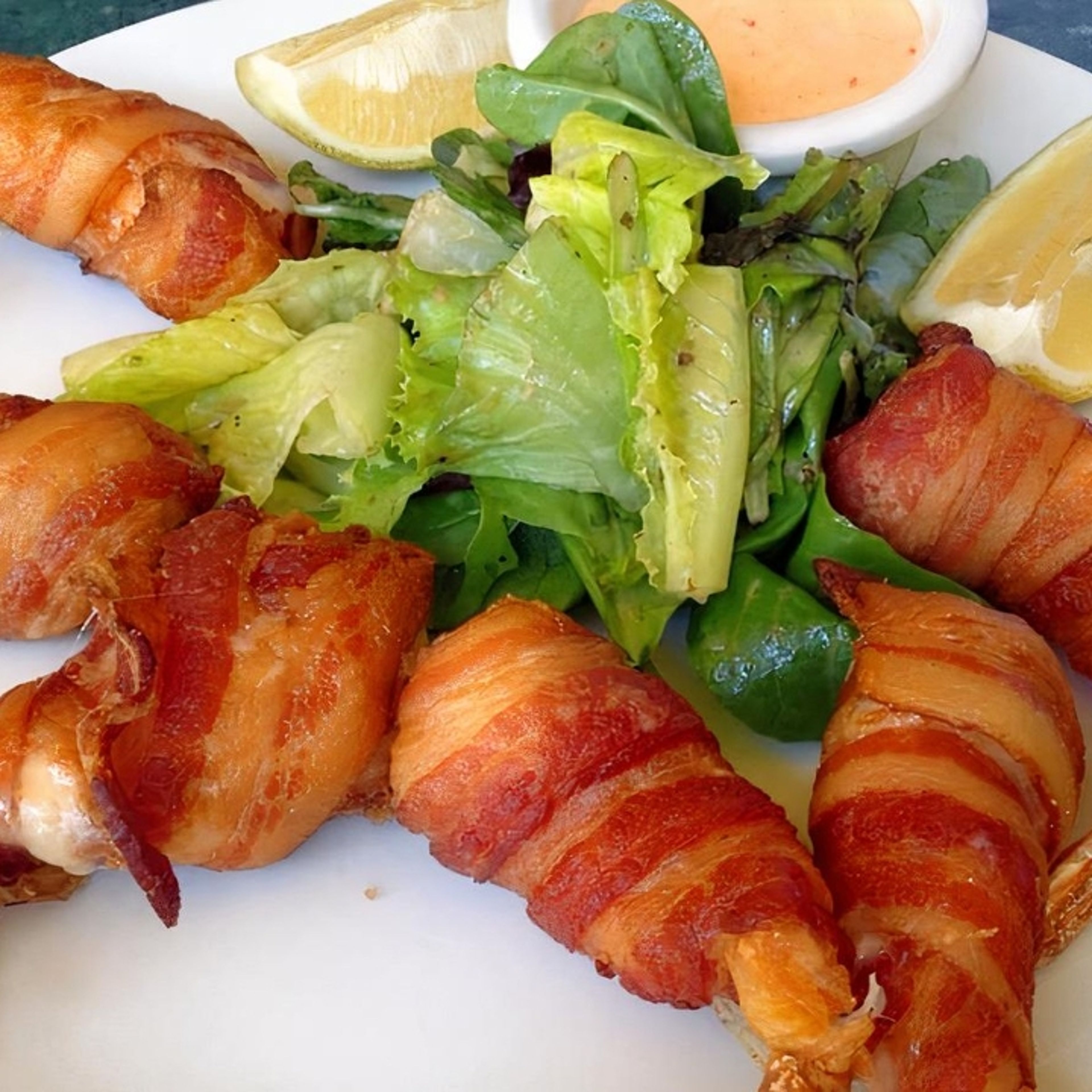 Bacon Wrapped Prawns.