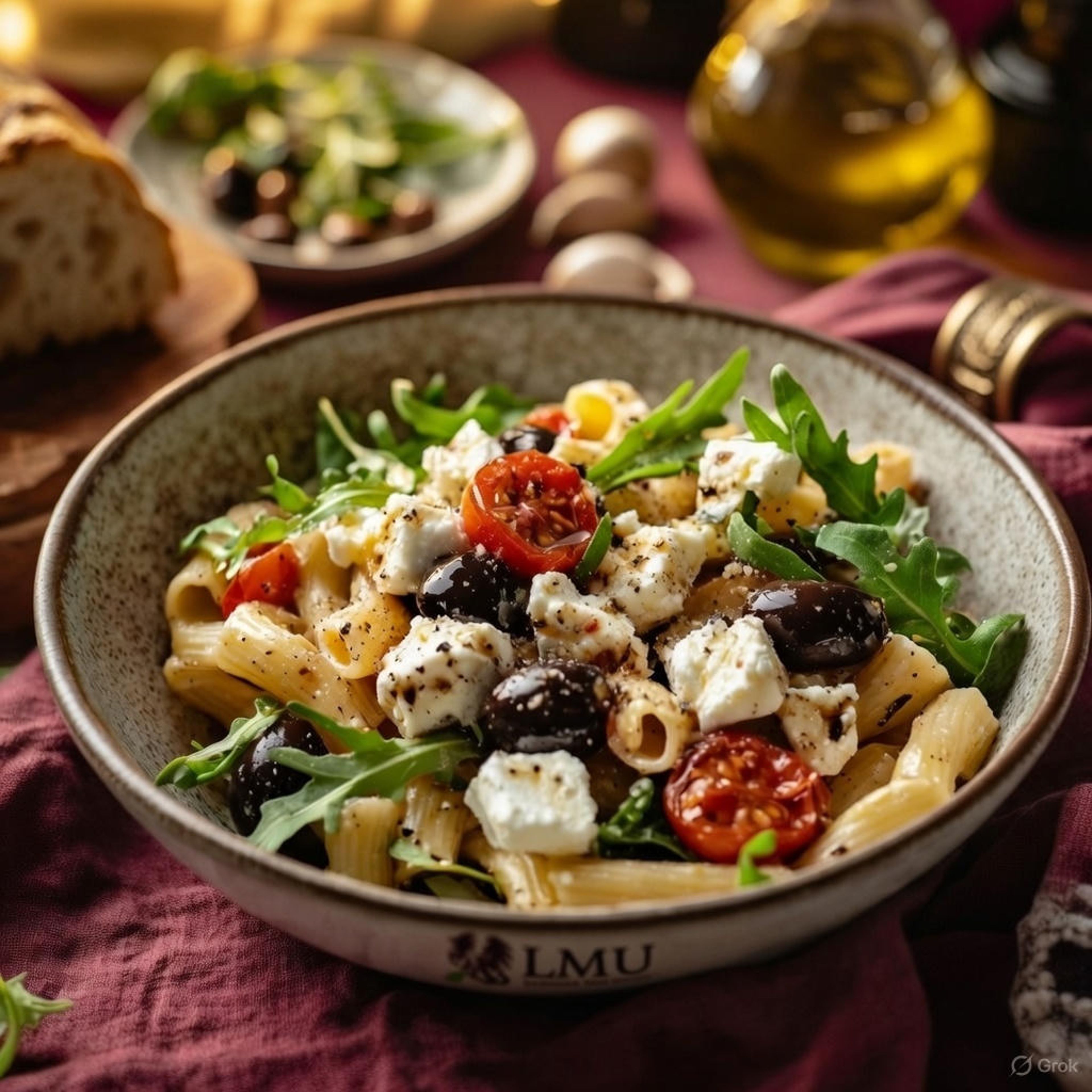 Playa Vista Feta Pasta (Pasta, Feta, Olives, Arugula, Basil, Garlic, Cherry Tomatoes, Balsamic Dressing).