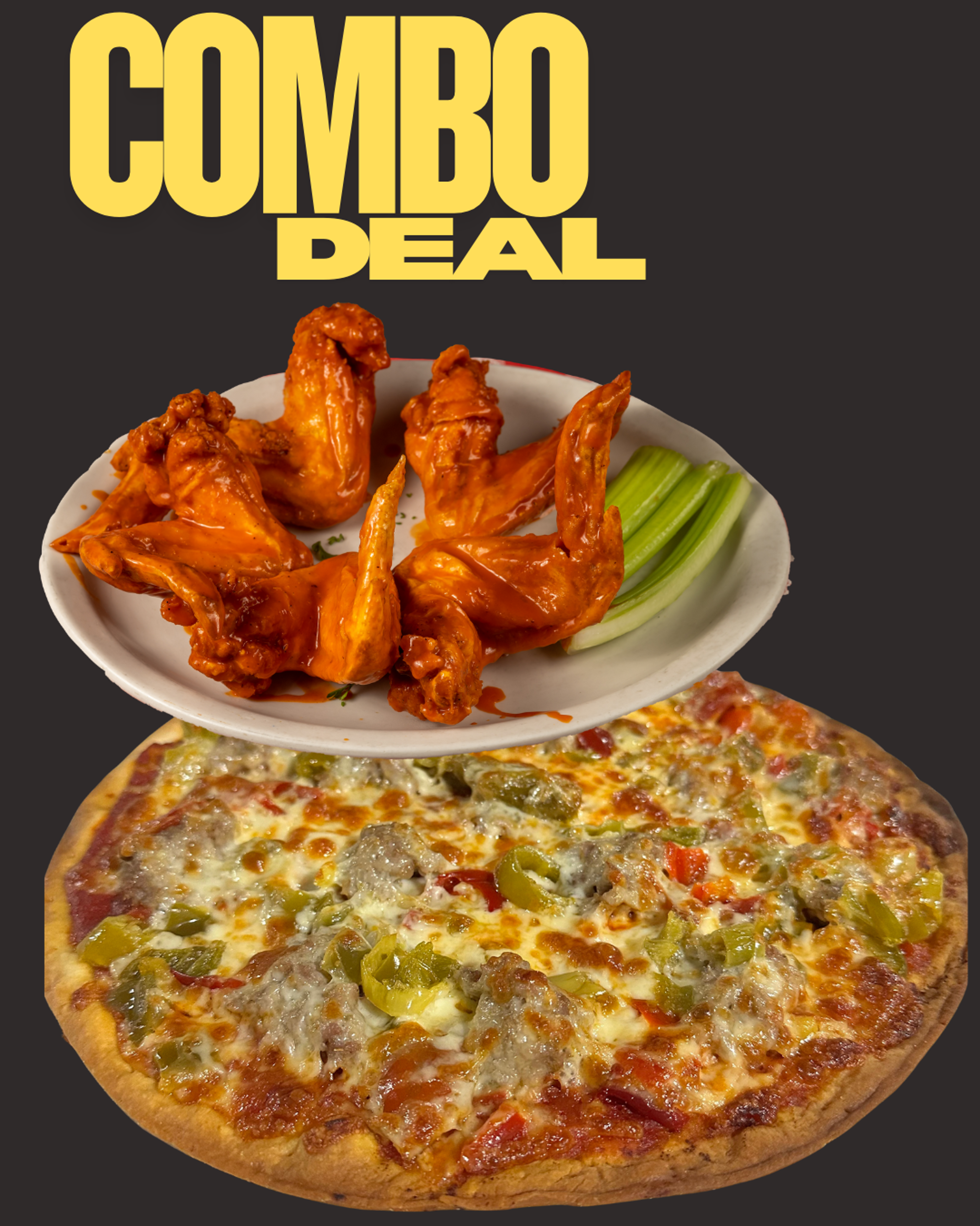 16" THIN CRUST ONE TOPPING AND WINGS OR TENDERS FOOTBALL COMBO.