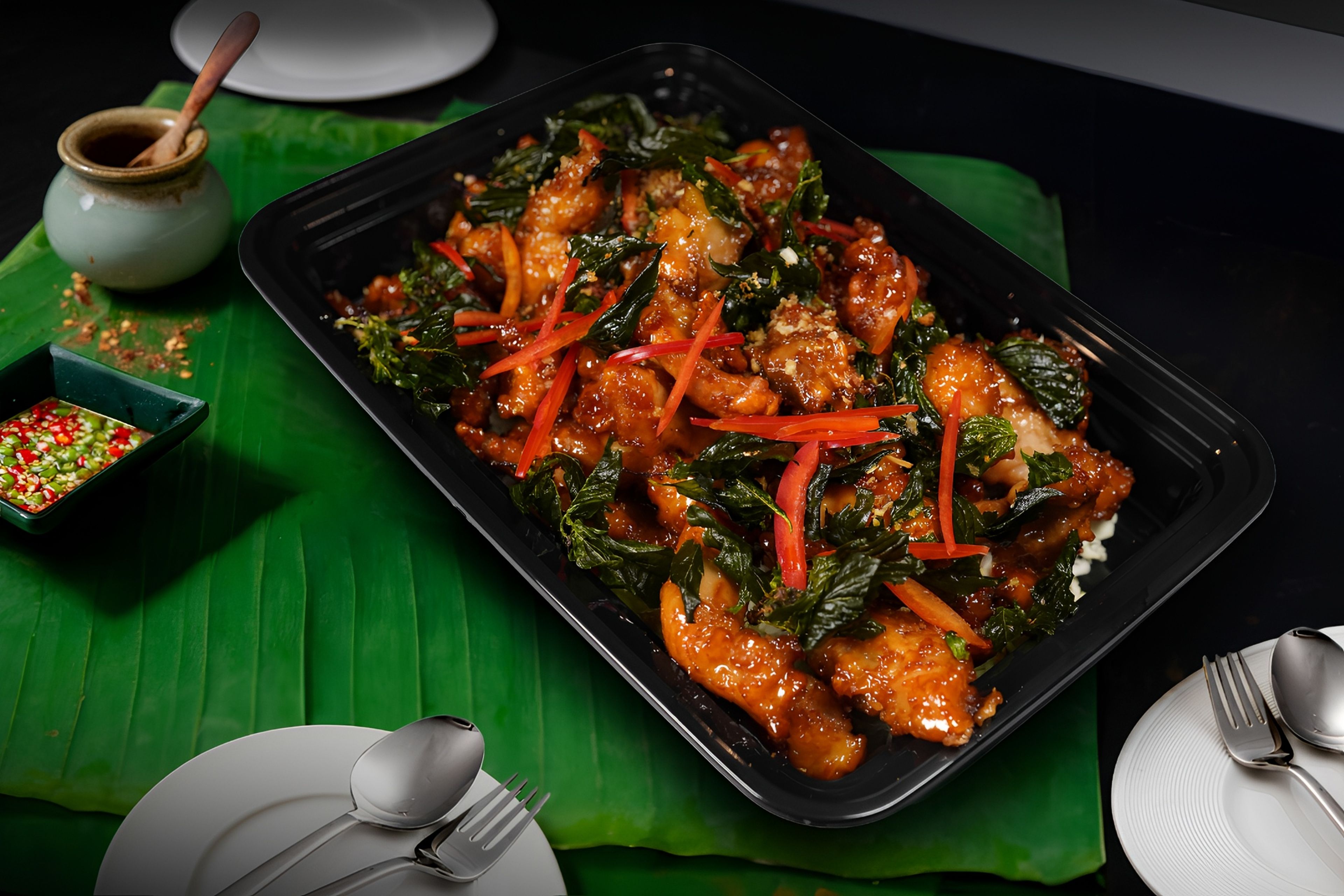 Party Size - Crispy Garlic Chicken with Jasmine Rice.