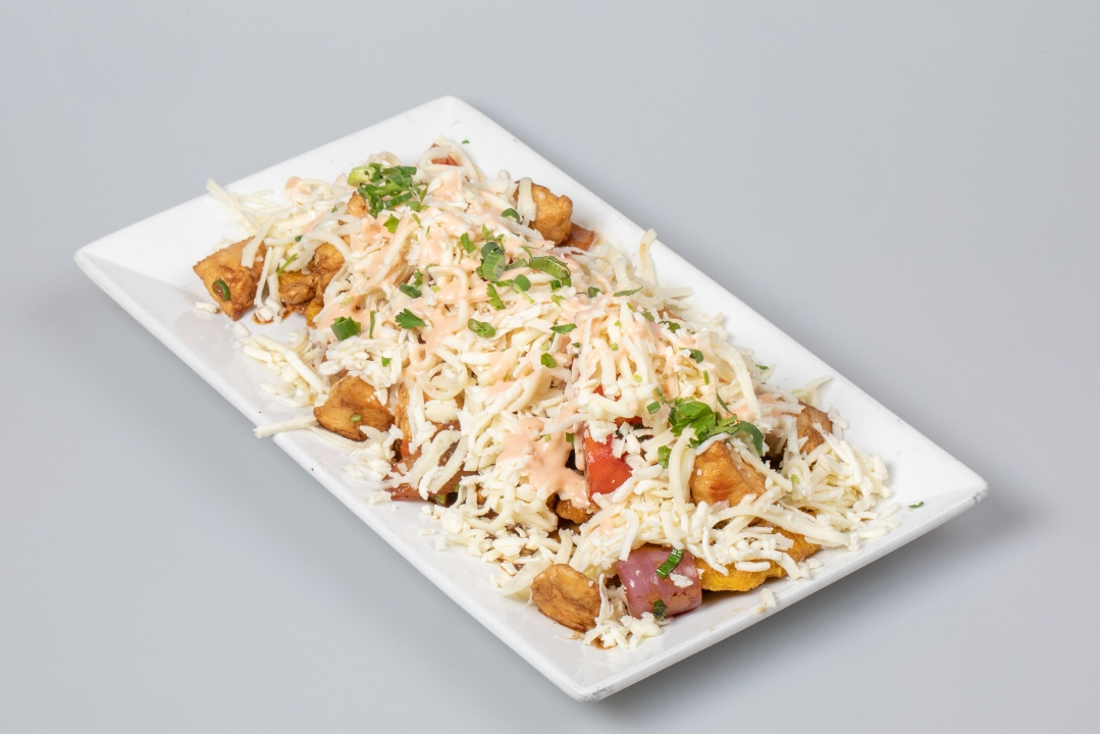 Fried Green Plantains With Wok Smoked Chicken.