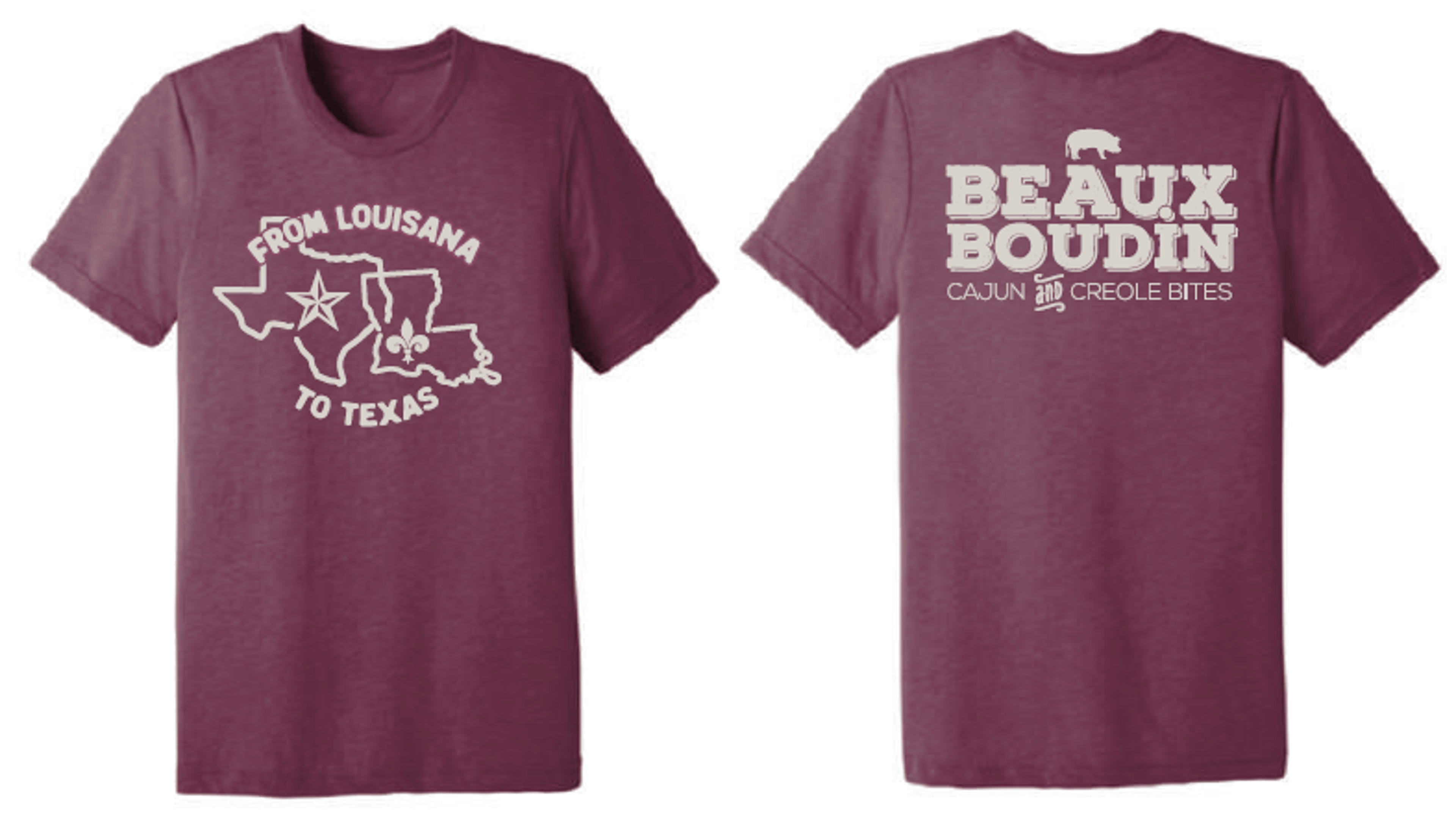 Beaux Boudin - Louisiana to Texas Tee (Maroon).