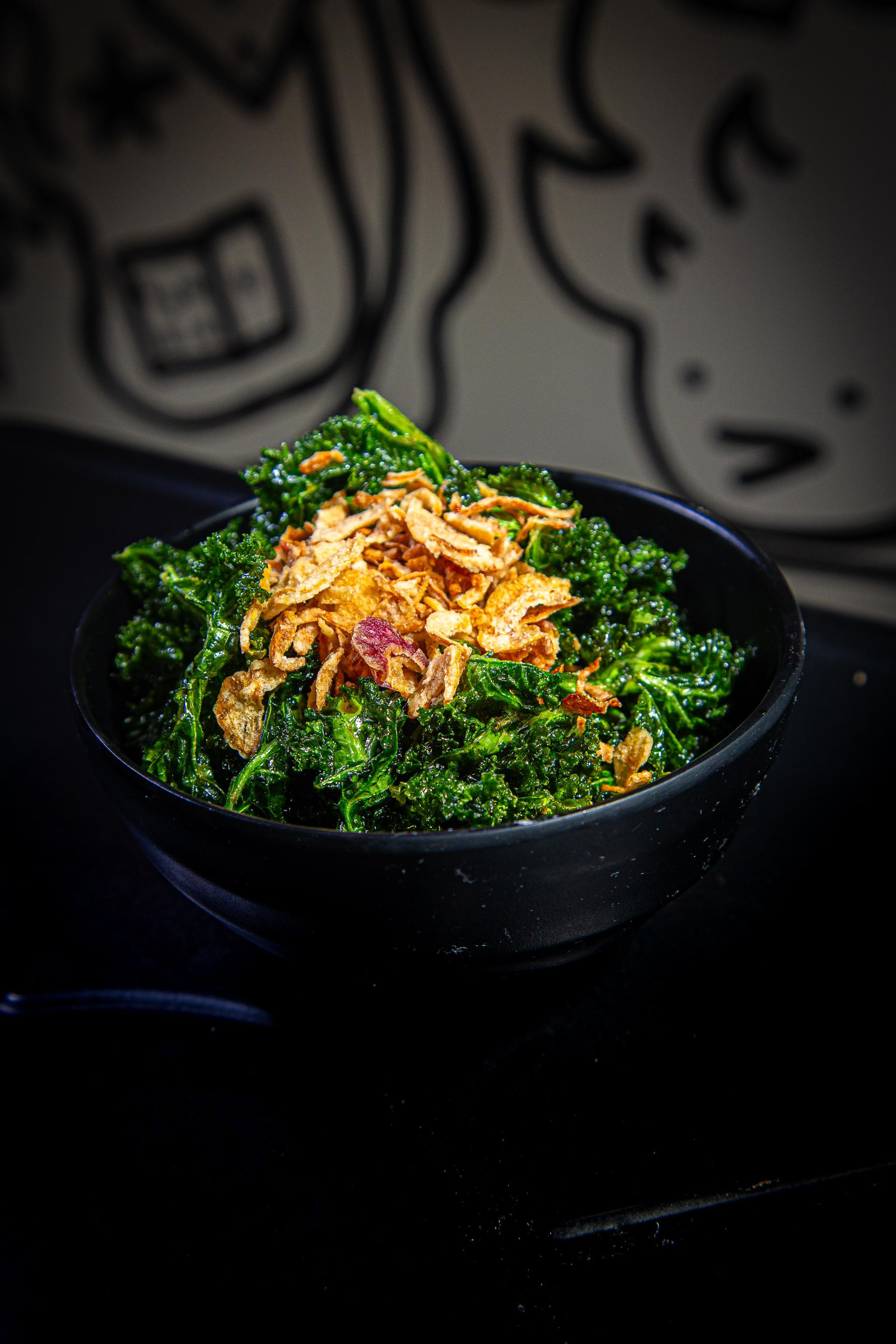 Fried Kale With Crispy Onion.