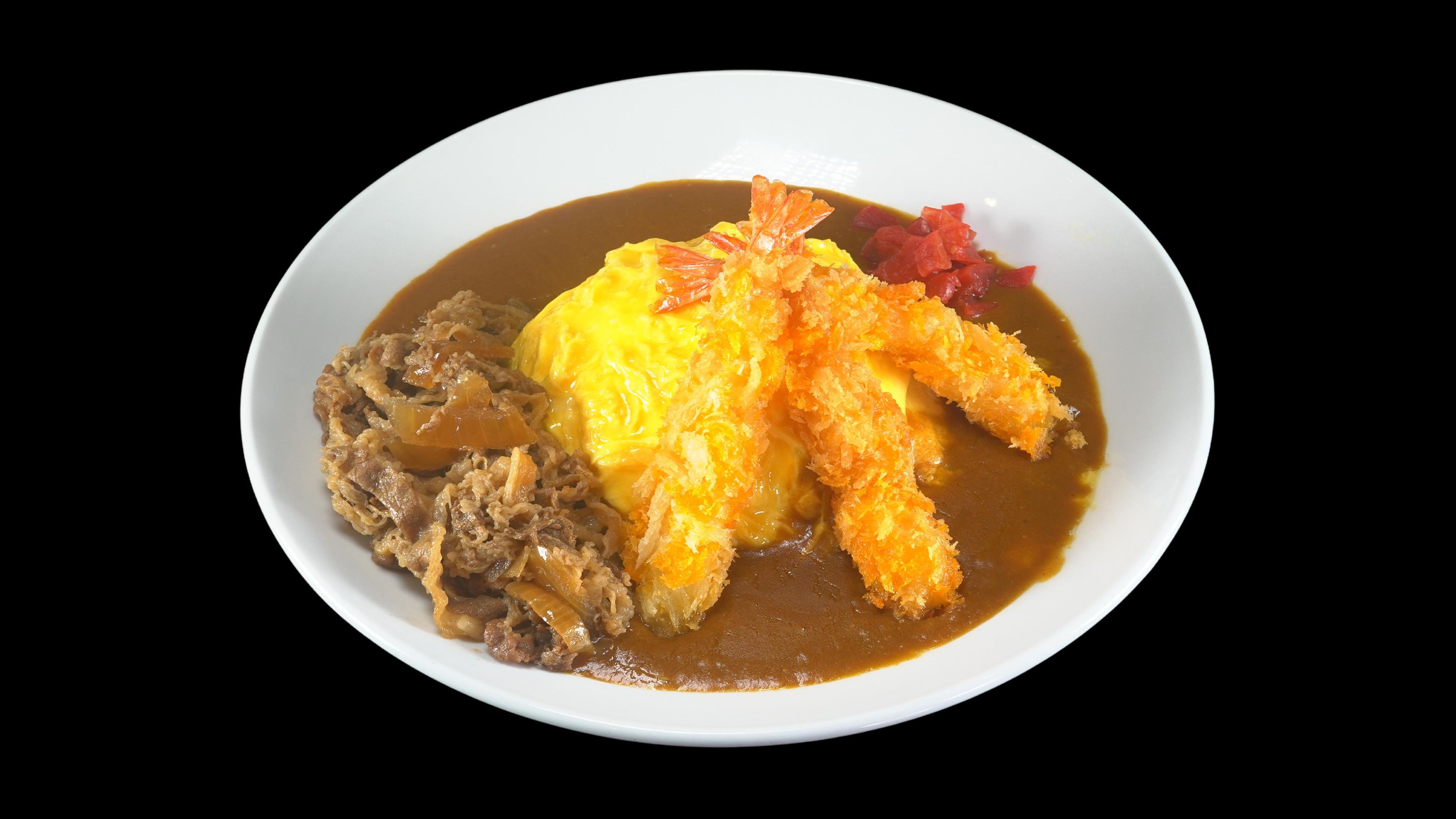 Omelet Shrimp Katsu, Sukiyaki Beef Curry.