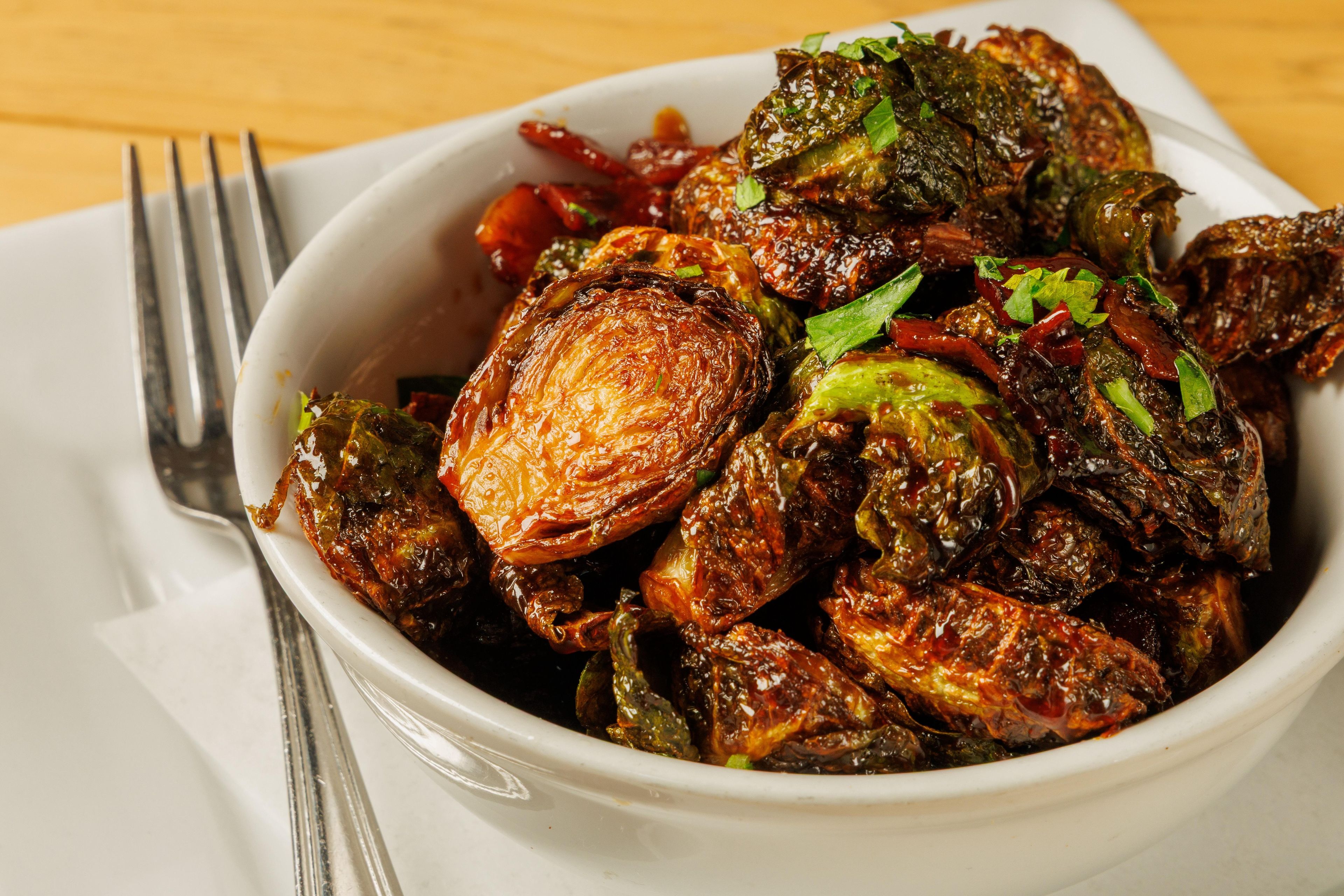 Crispy Brussel Sprouts with Balsamic Bacon Gastrique.