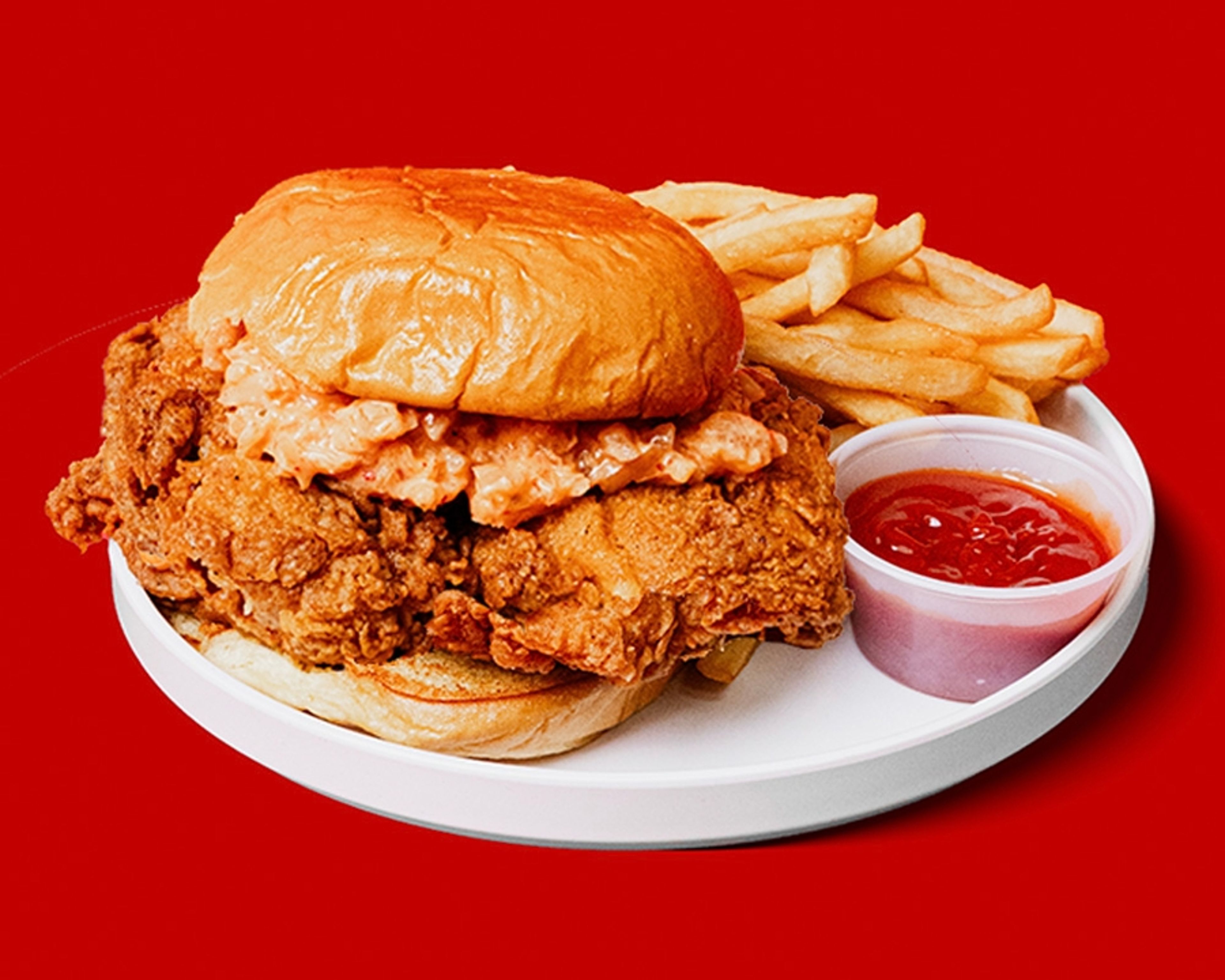 Jongga Kimchi Chicken Sandwich Combo Meal.