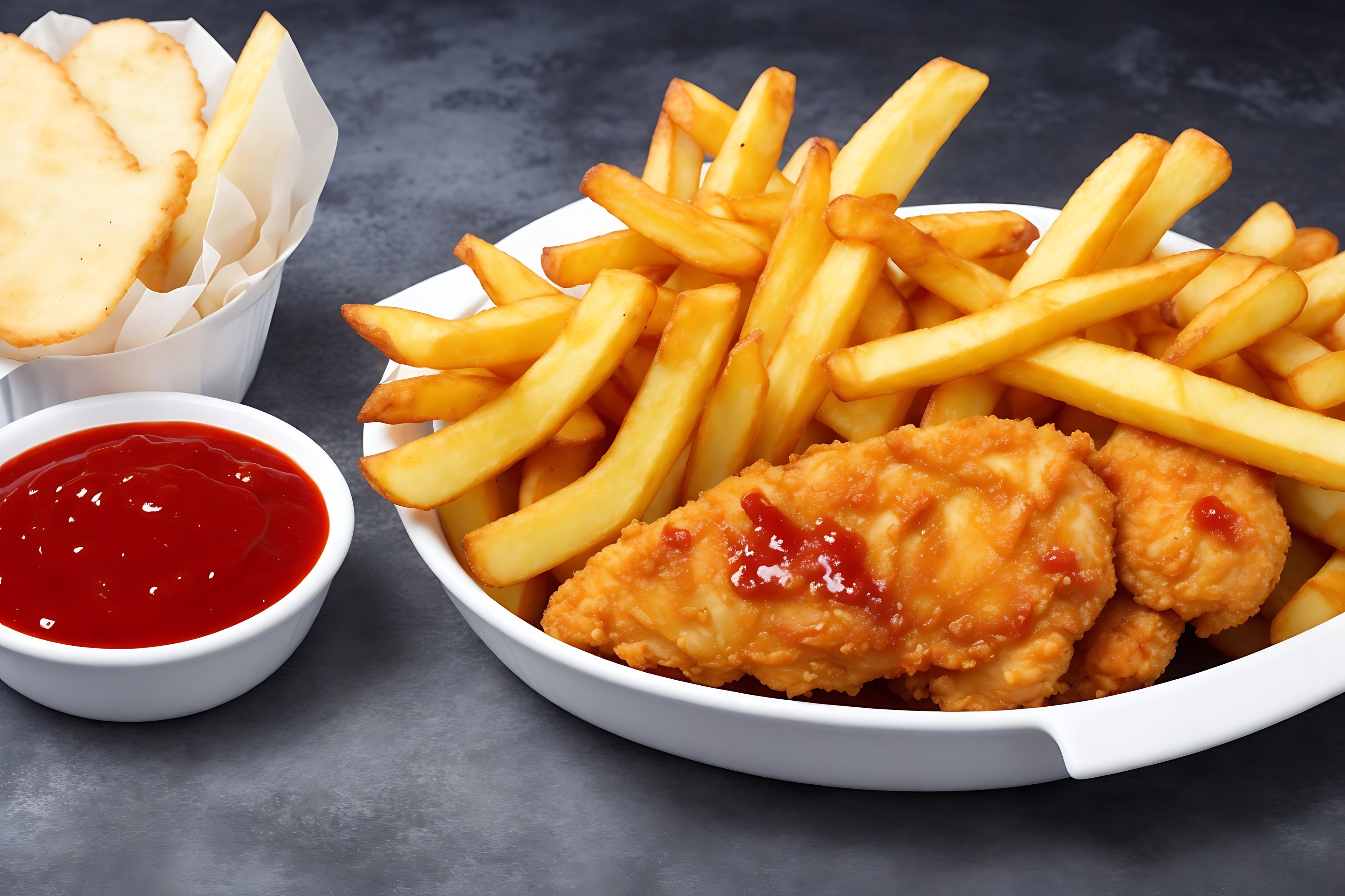 Chicken and French fries.