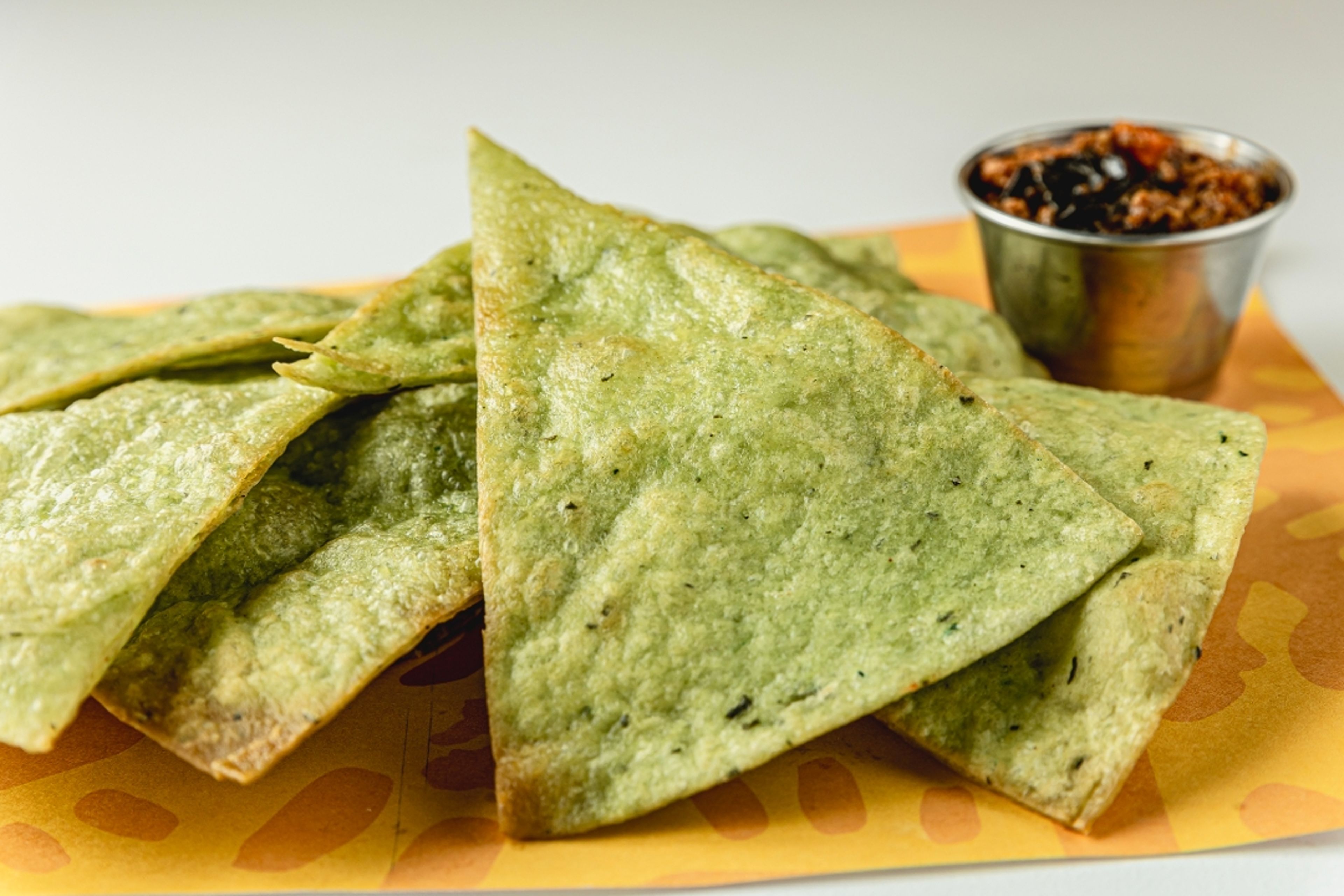 Spinach Tortilla Chips & Drunken Chili Dip.