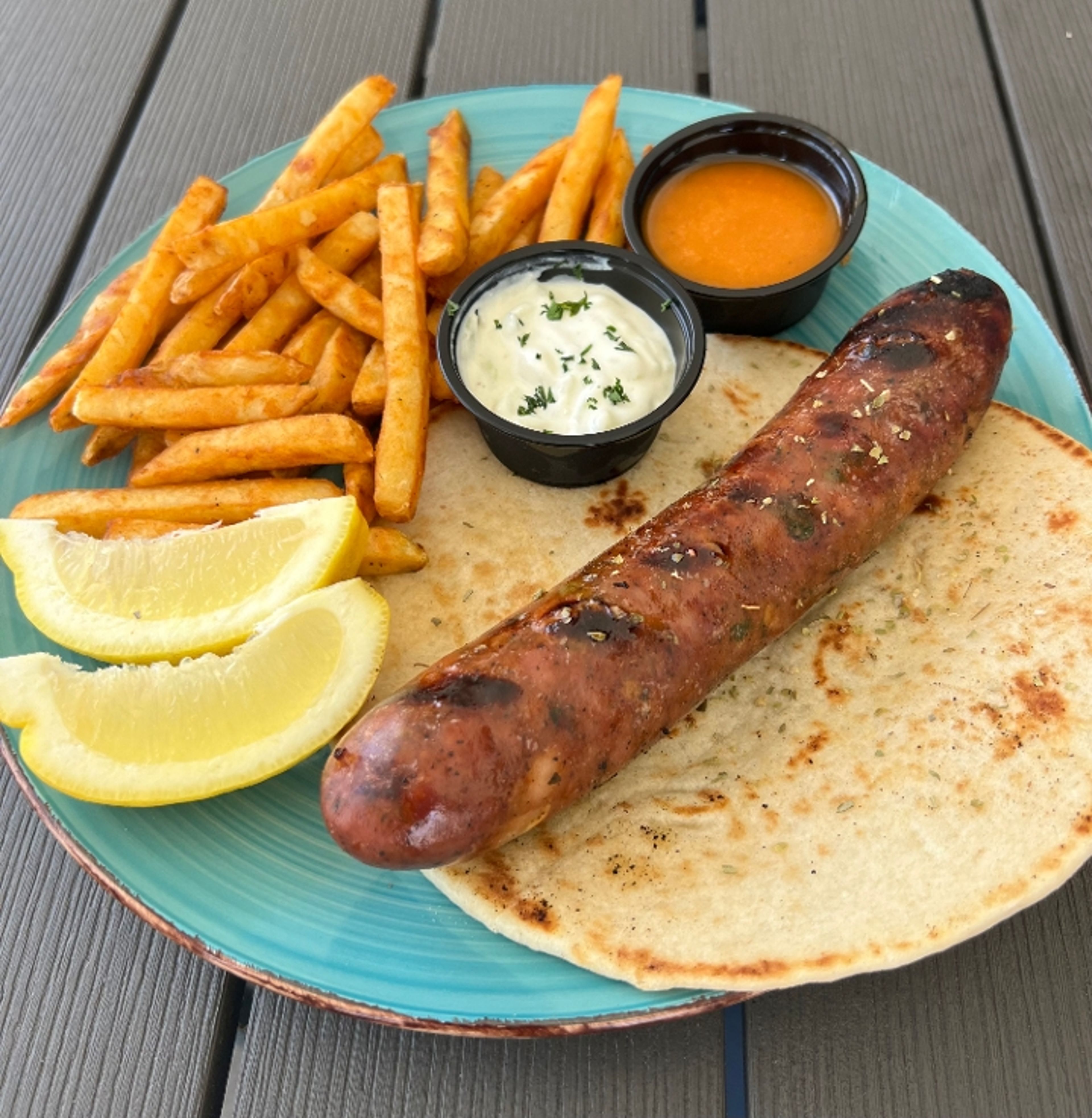 Loukaniko (sausage) sandwich.