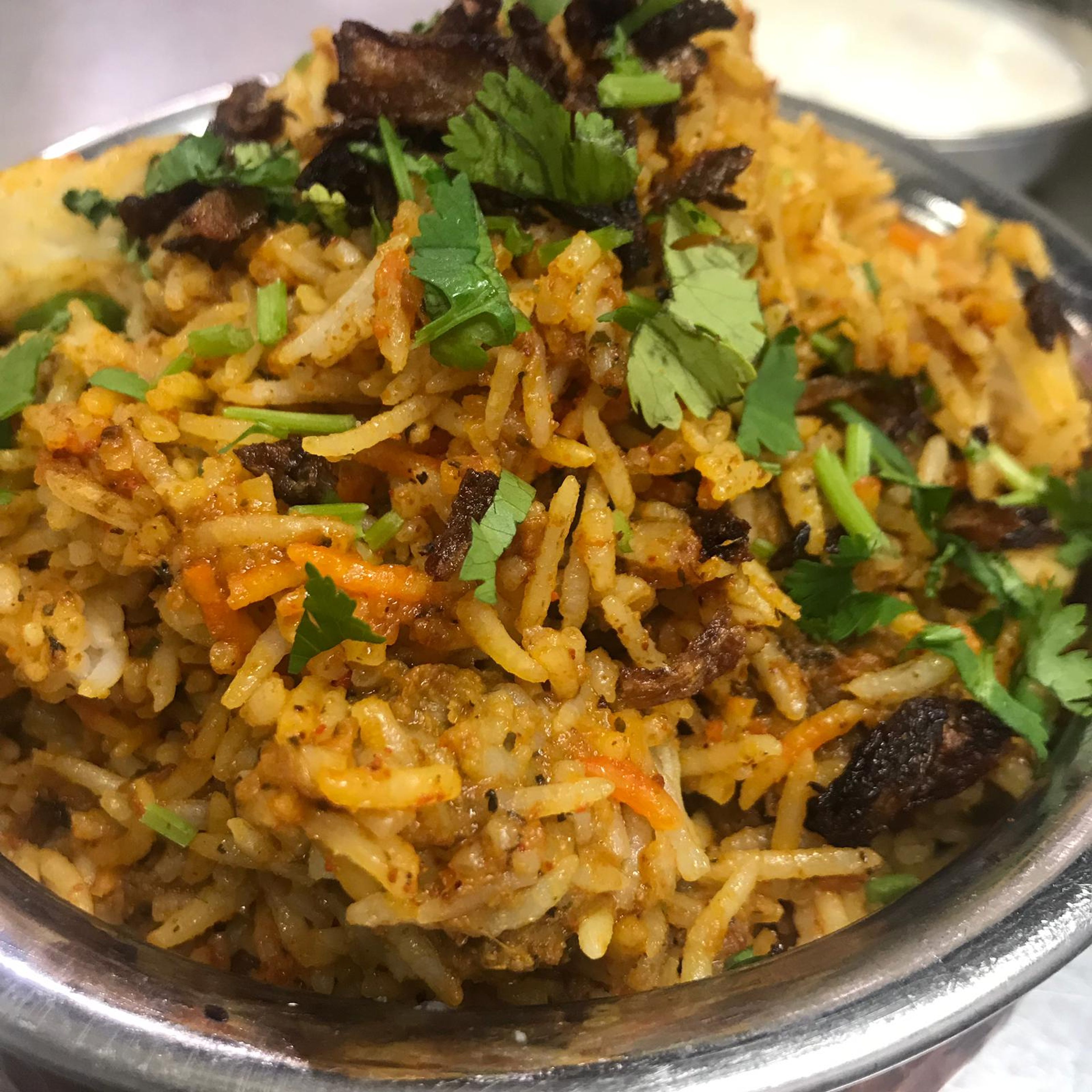 Lamb Biryani (Raita) (GF).
