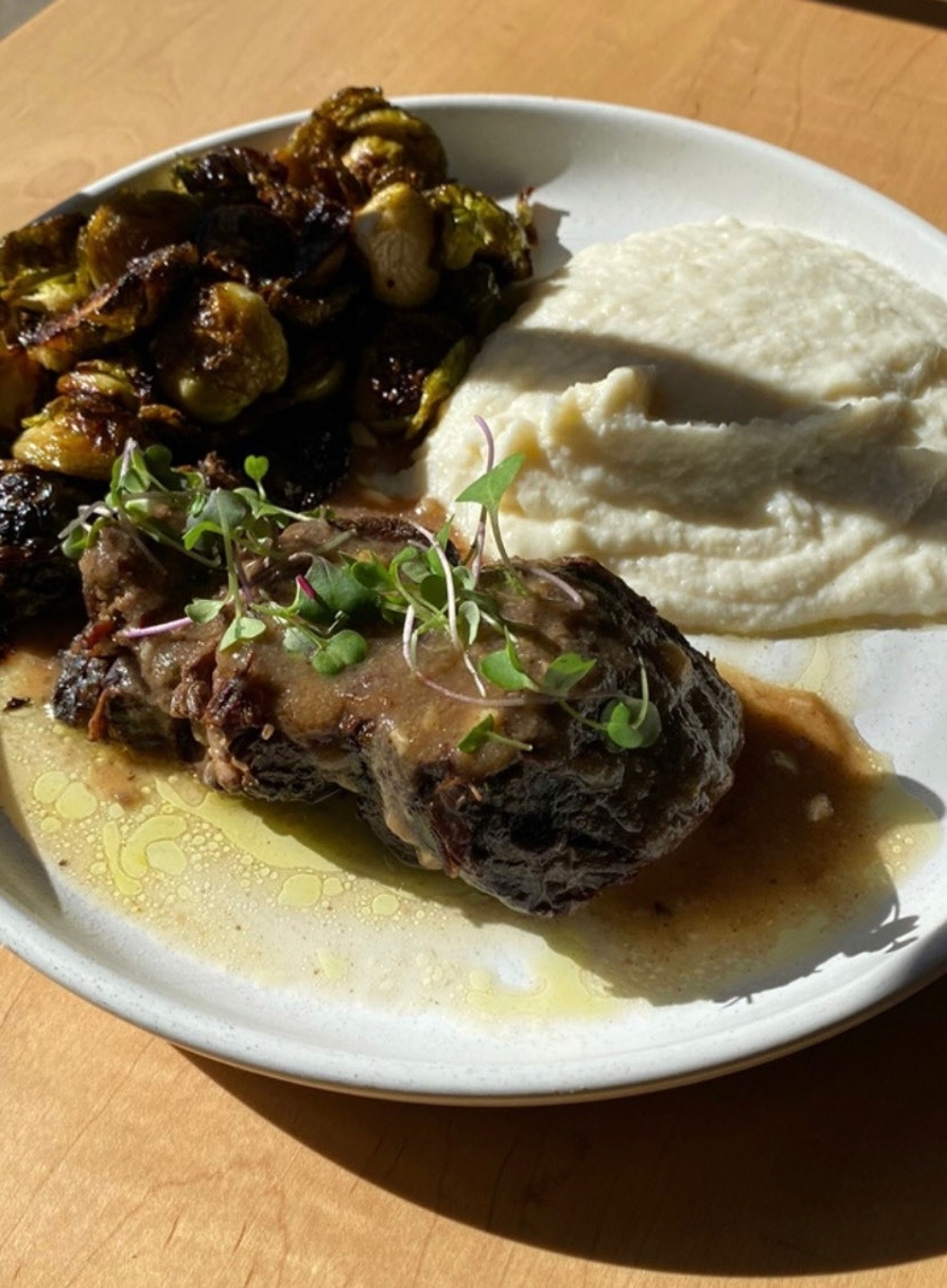 Short Rib with a Seasonal Side Salad, Parmesan Mashed Cauliflower  & Brussels Sprouts.