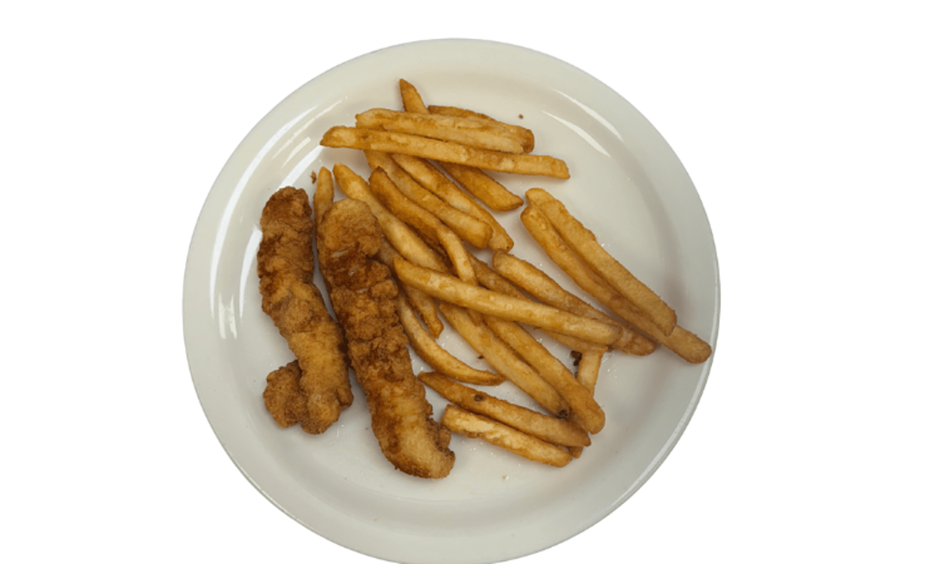 Kids: Two Chicken Tenders & Fries.