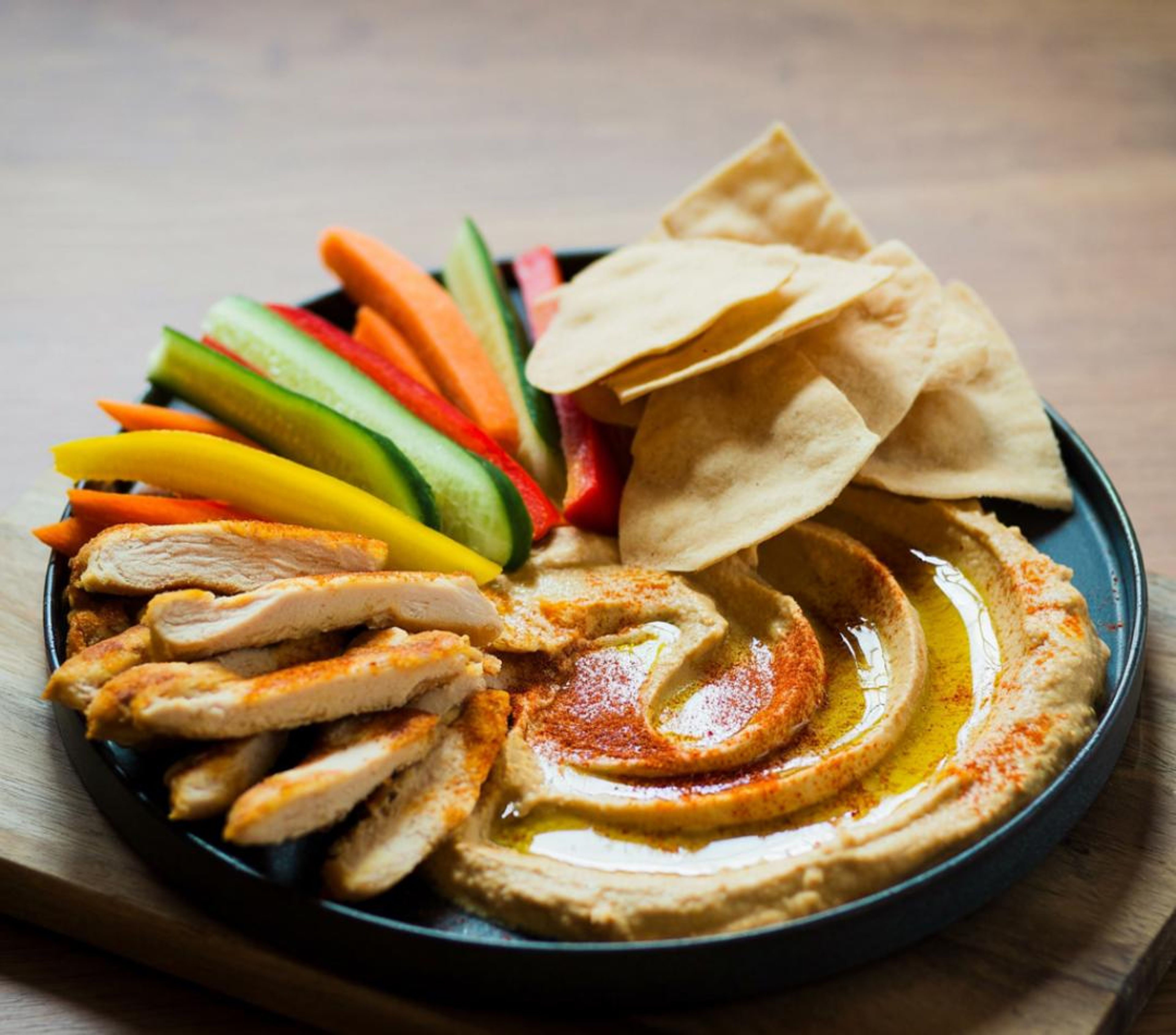 Hummus, Crudite, Grilled & Chilled Chicken Tray.