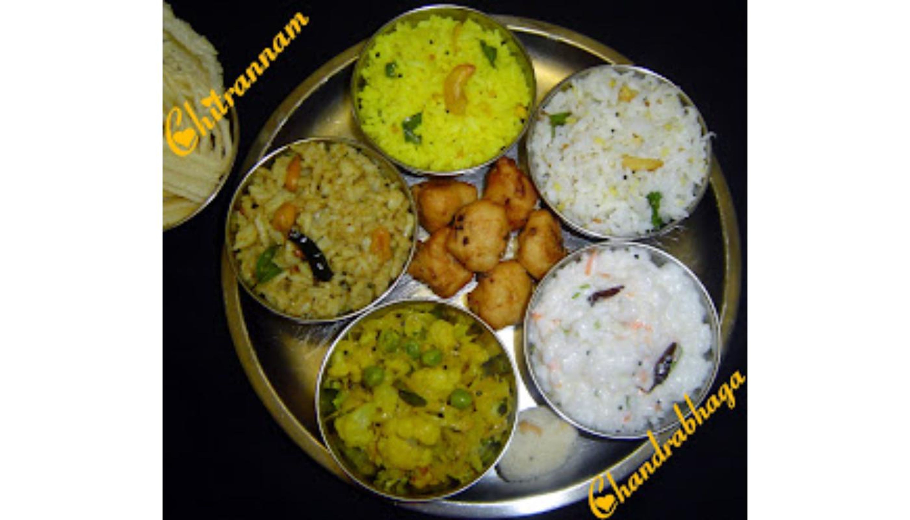 All day Rice Thali - Lemon rice + Coconut rice + Veg Biriyani+ potato masala+cabbage fry + Papad + Raita + Pickle & Dessert.
