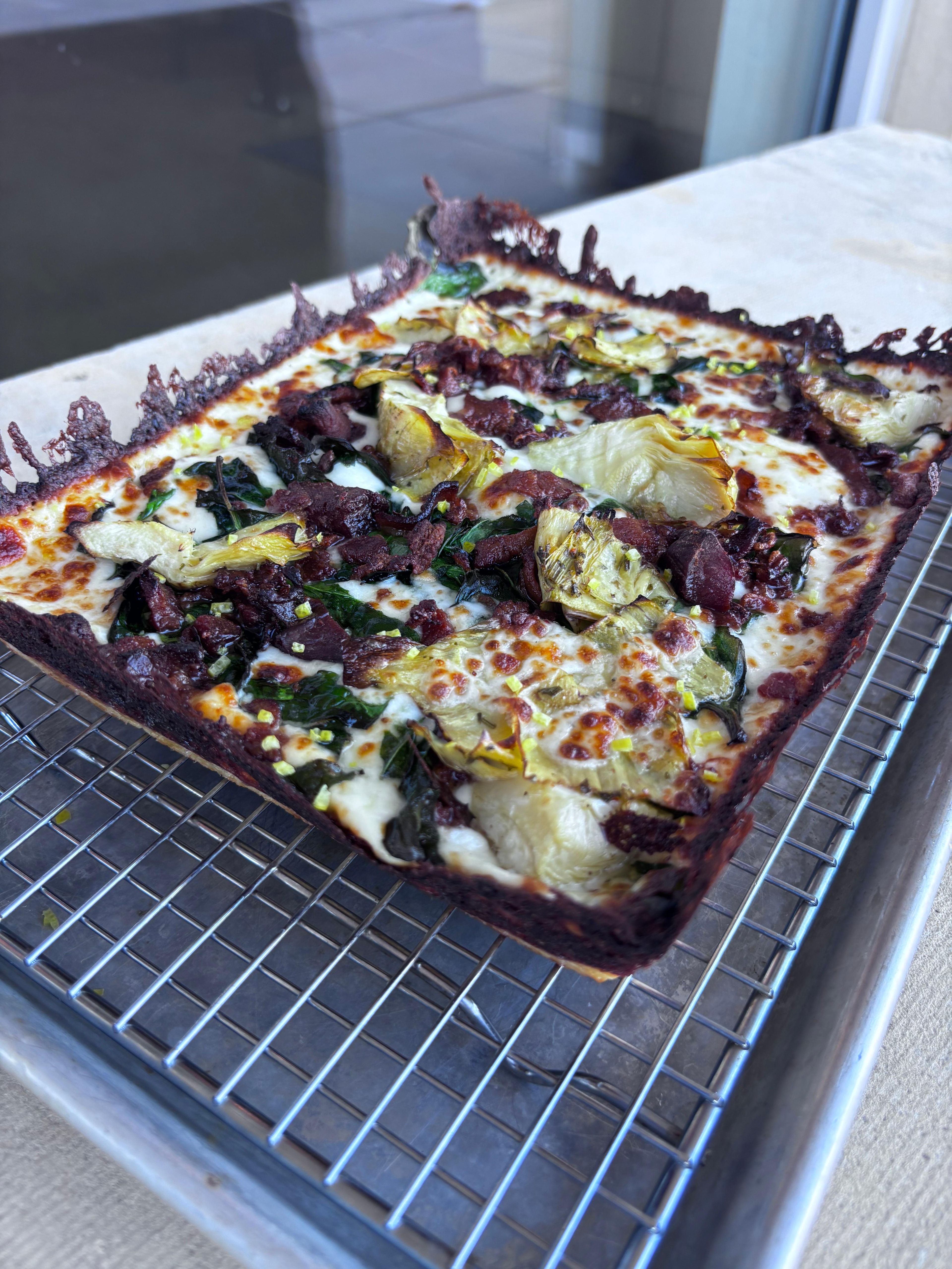 Spinach Artichoke & Bacon Pizza.