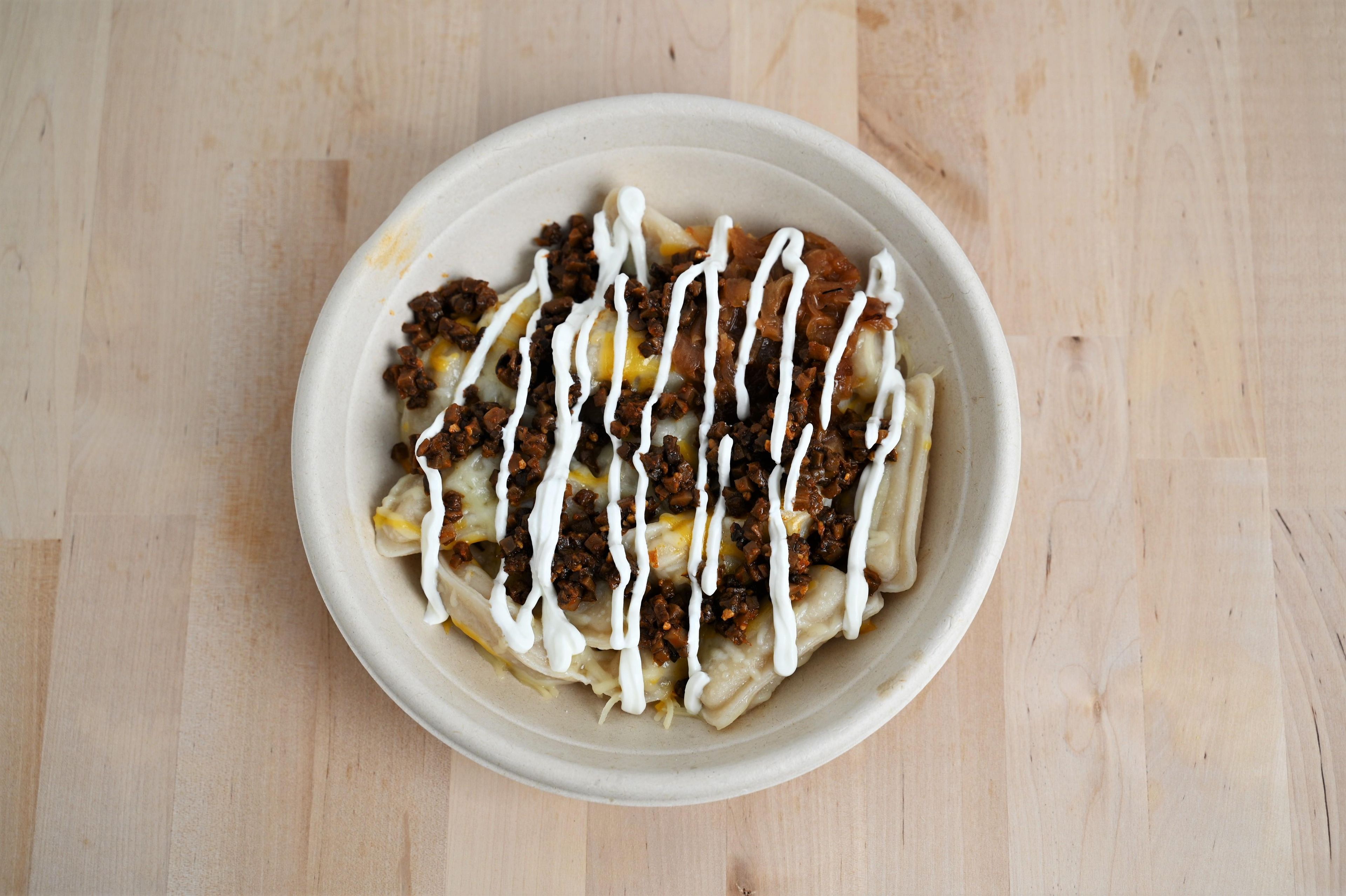 Mushroom and Cheddar Pierogi Bowl.