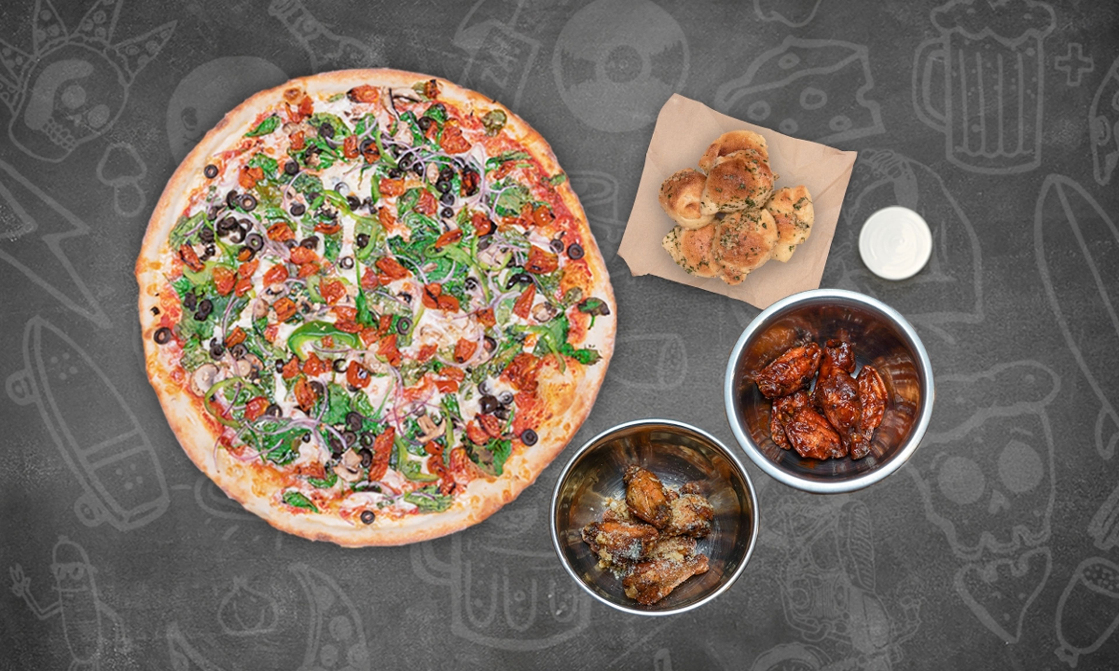 Family Pack #1, 1 Pie, 8 Wings OR A Salad + 6 Knots.