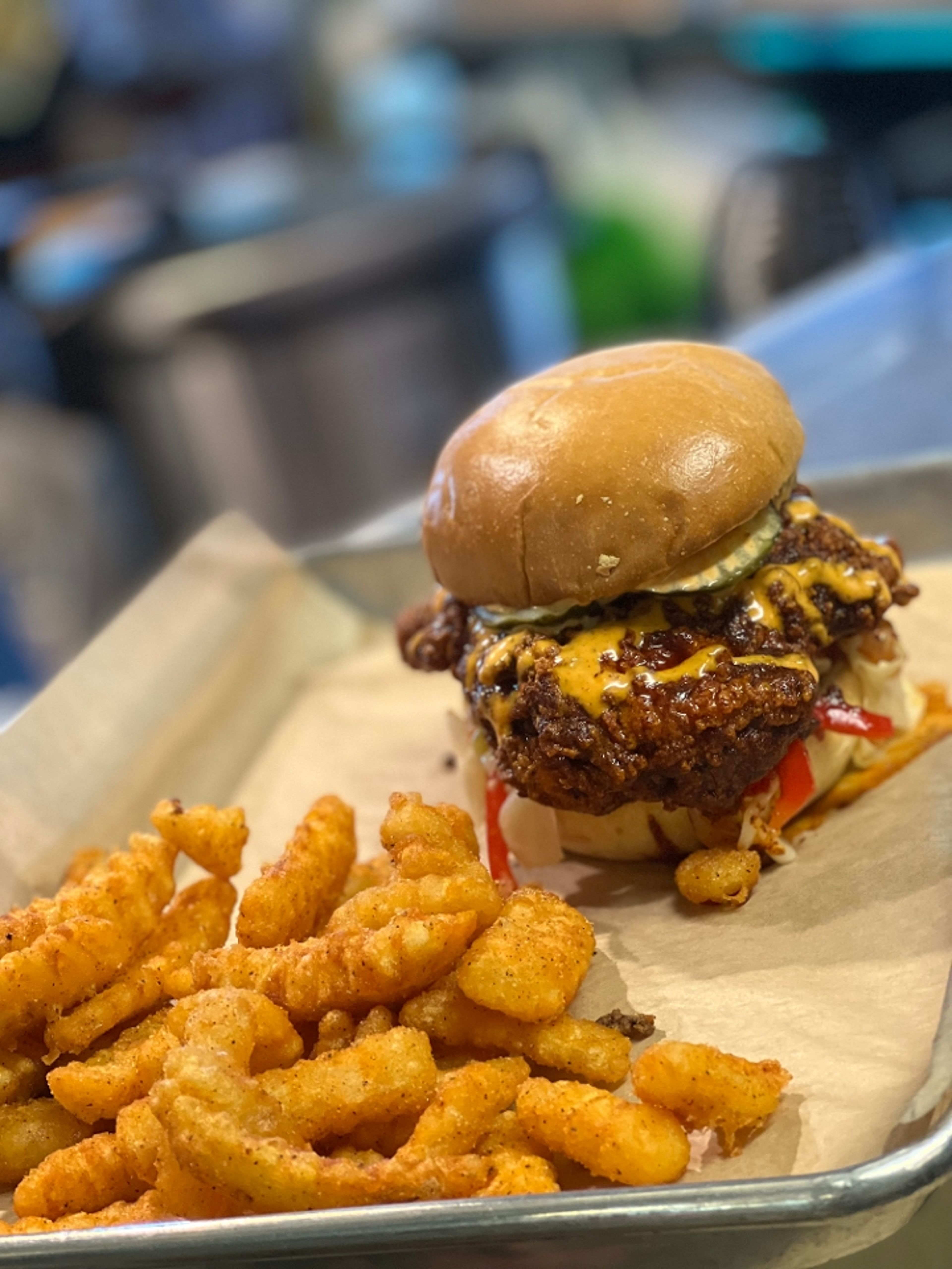 Zoe's Murrieta Hot Chicken Sammie w/french fries.