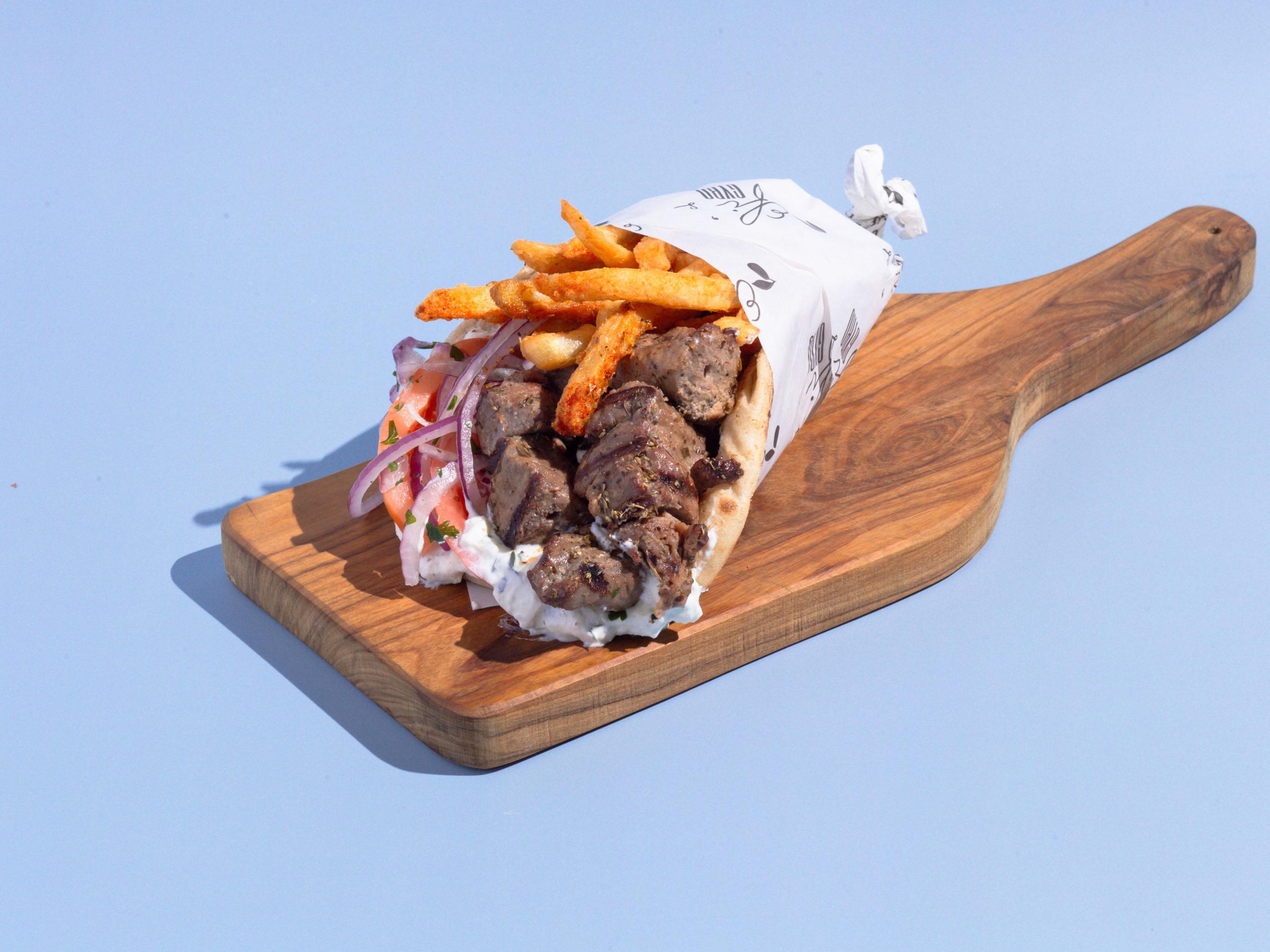 Grilled Lamb Souvlaki Gyro.