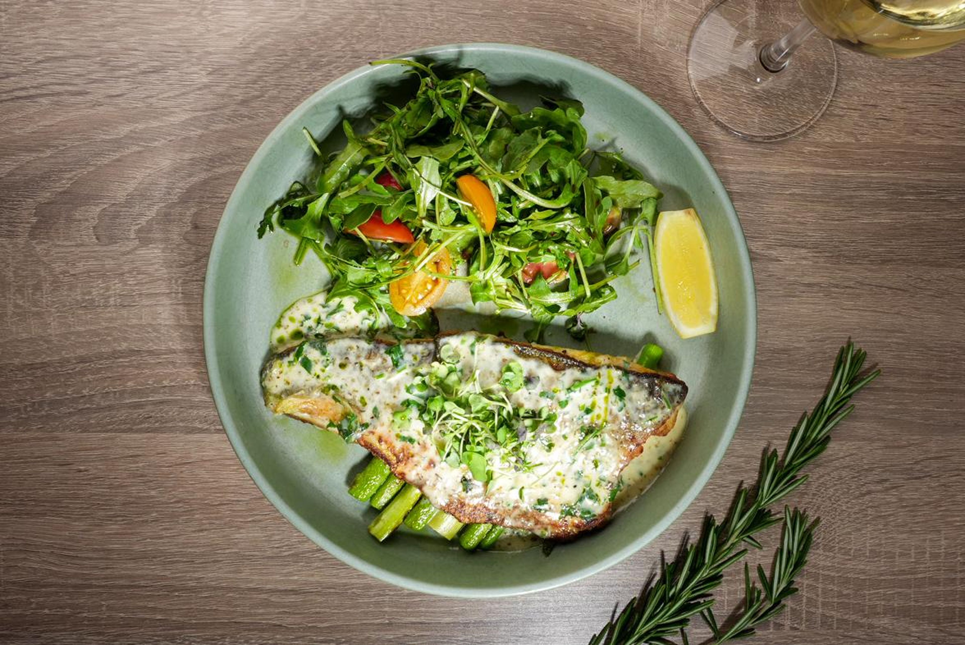 Branzino with Asparagus and Zucchini.