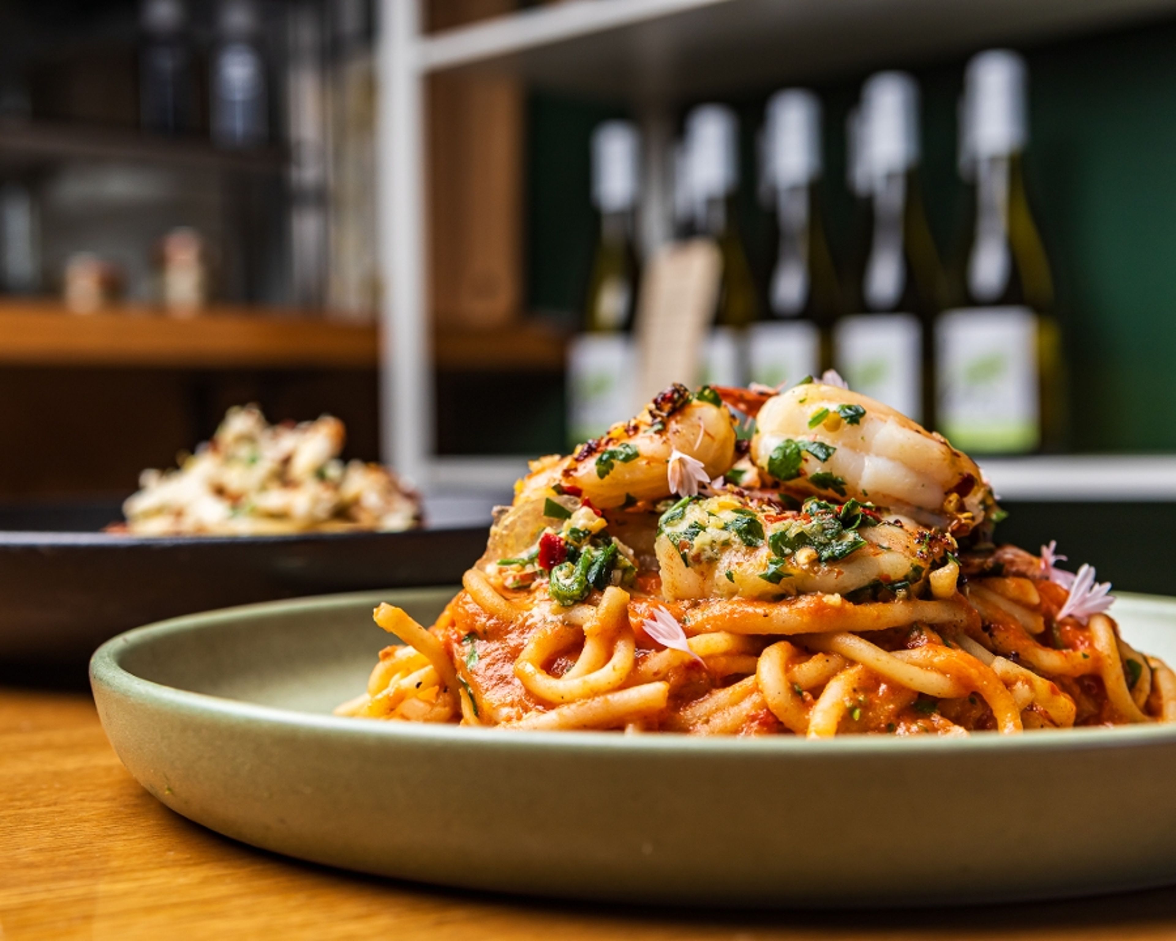 Bucatini and Garlic Shrimps.