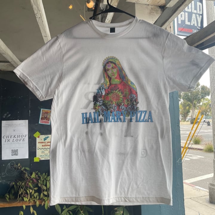 T-shirts - Hail Mary Pizza...Pray for it - White Multi-color logo - Lrg