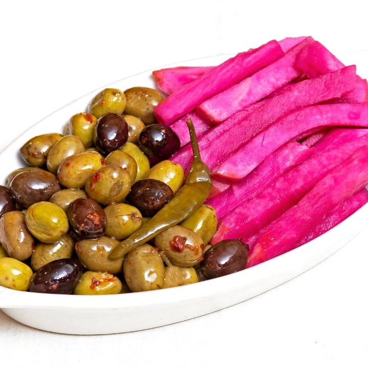 Pickled Turnips & Marinated Olives.