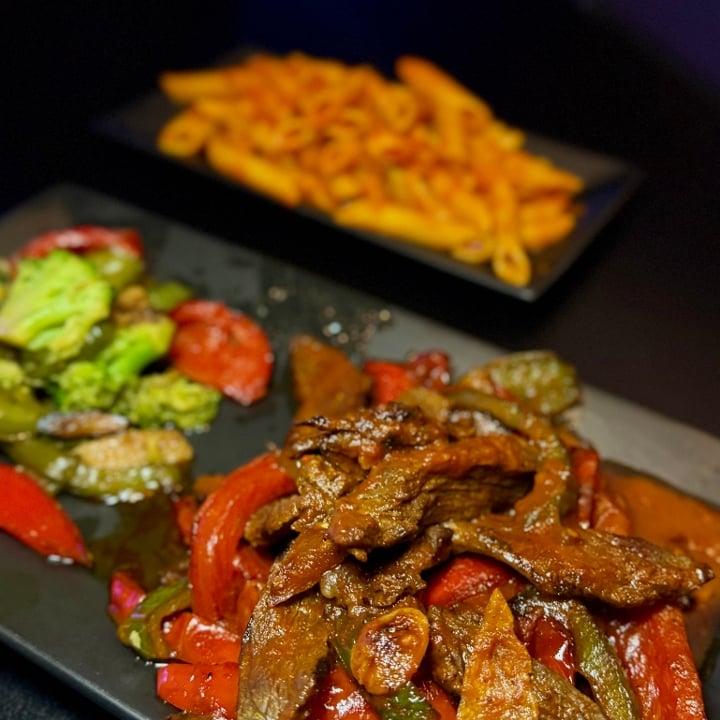 Bistecca Marinata with mixed vegetables.