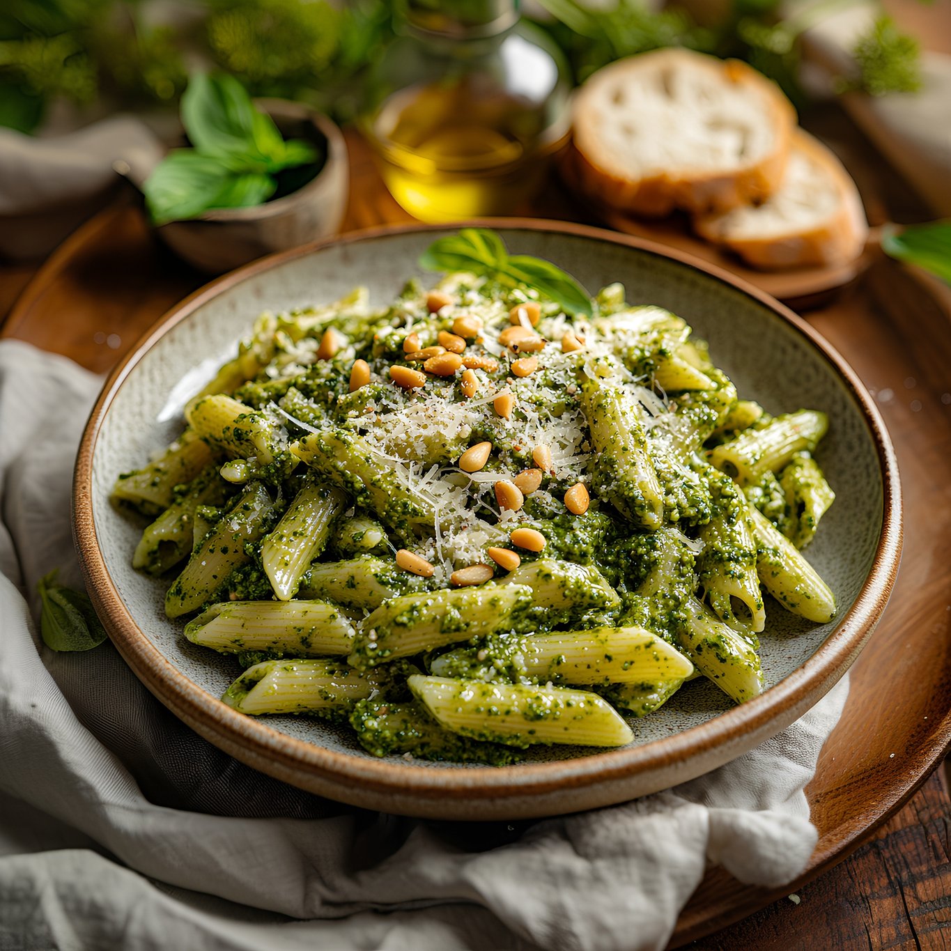 Penne Pesto (Penne Pasta, Homemade Pesto/non dairy Sauce)