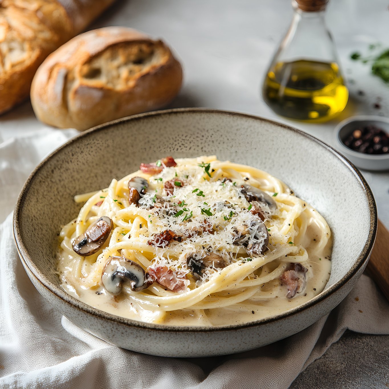 Carbonara (Pasta, Pancetta, Alfredo Sauce, Mushrooms, Parmesan)