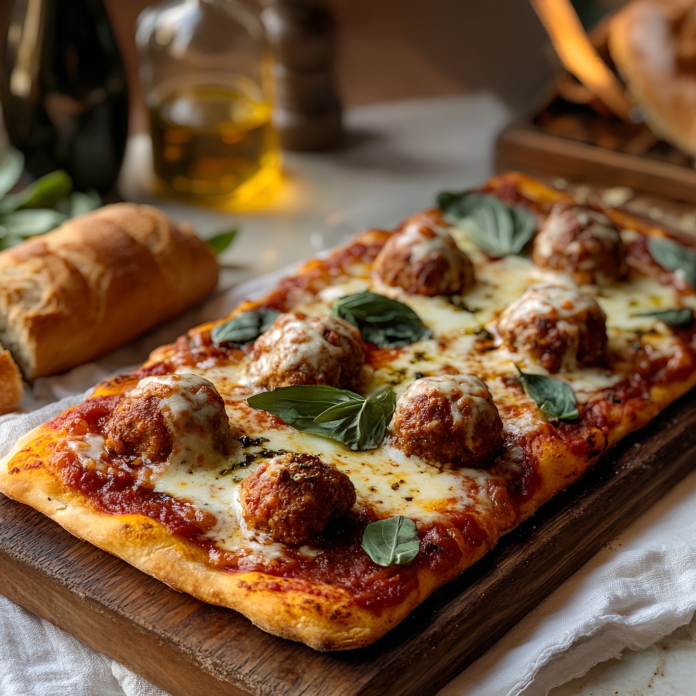 Meatball Mozzarella Flatbread (Tomato Sauce, Meatballs (3), Mozzarella, Basil)