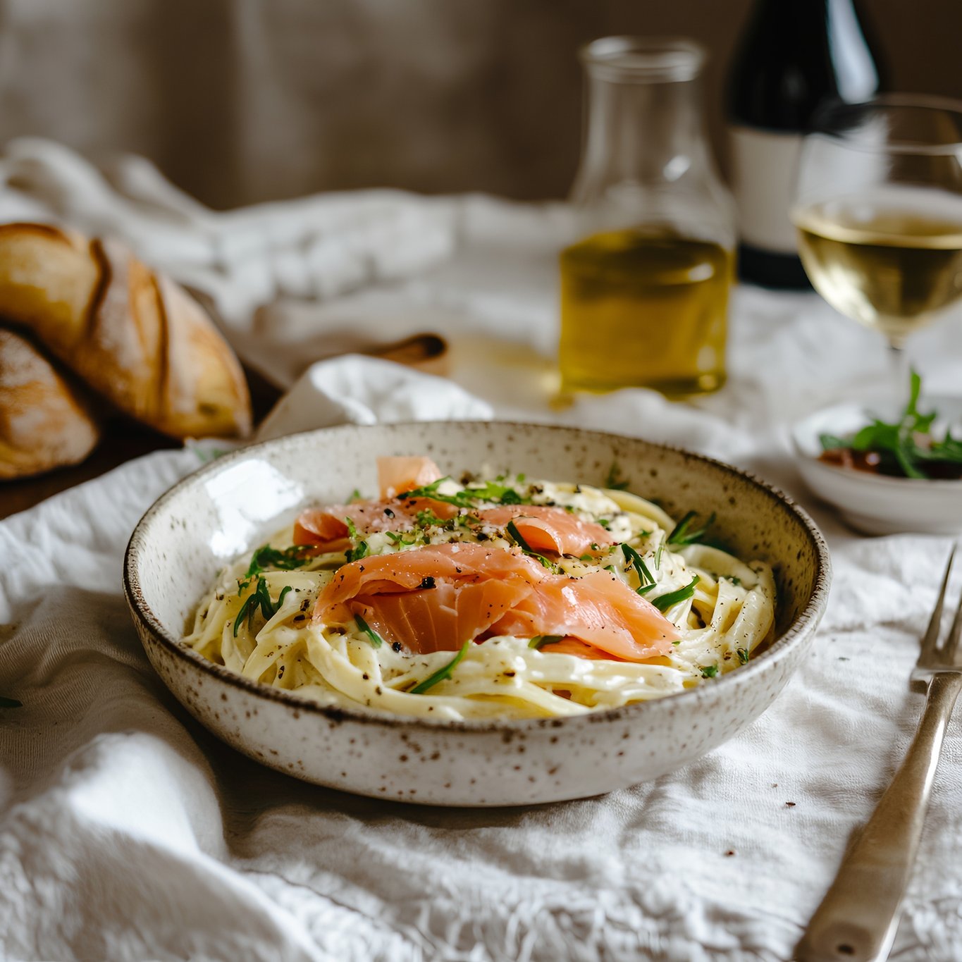 Smoked Salmon Alfredo (Pasta, Smoked Salmon, Alfredo Sauce, Scallions, Lemon Olive Oil)