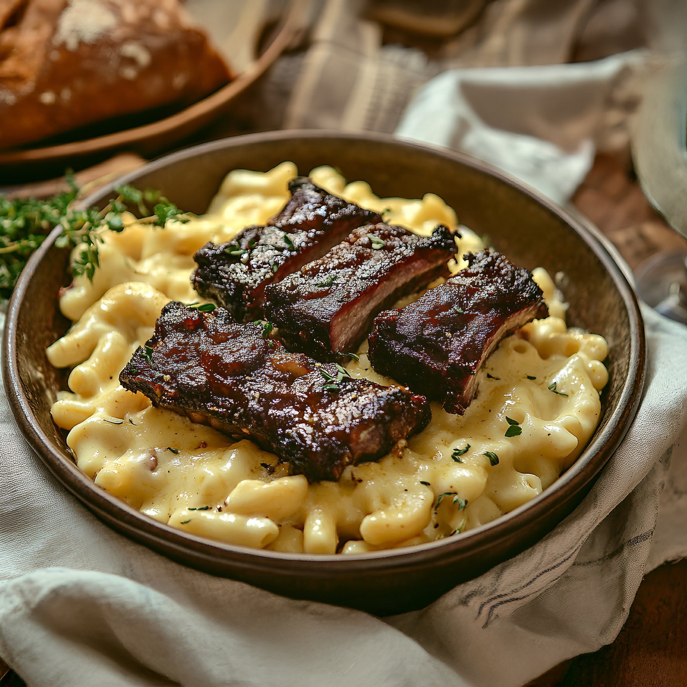 Mac & BBQ Ribs  (Elbow pasta in creamy cheesy Alfredo sauce with BBQ ribs, 4 pces)
