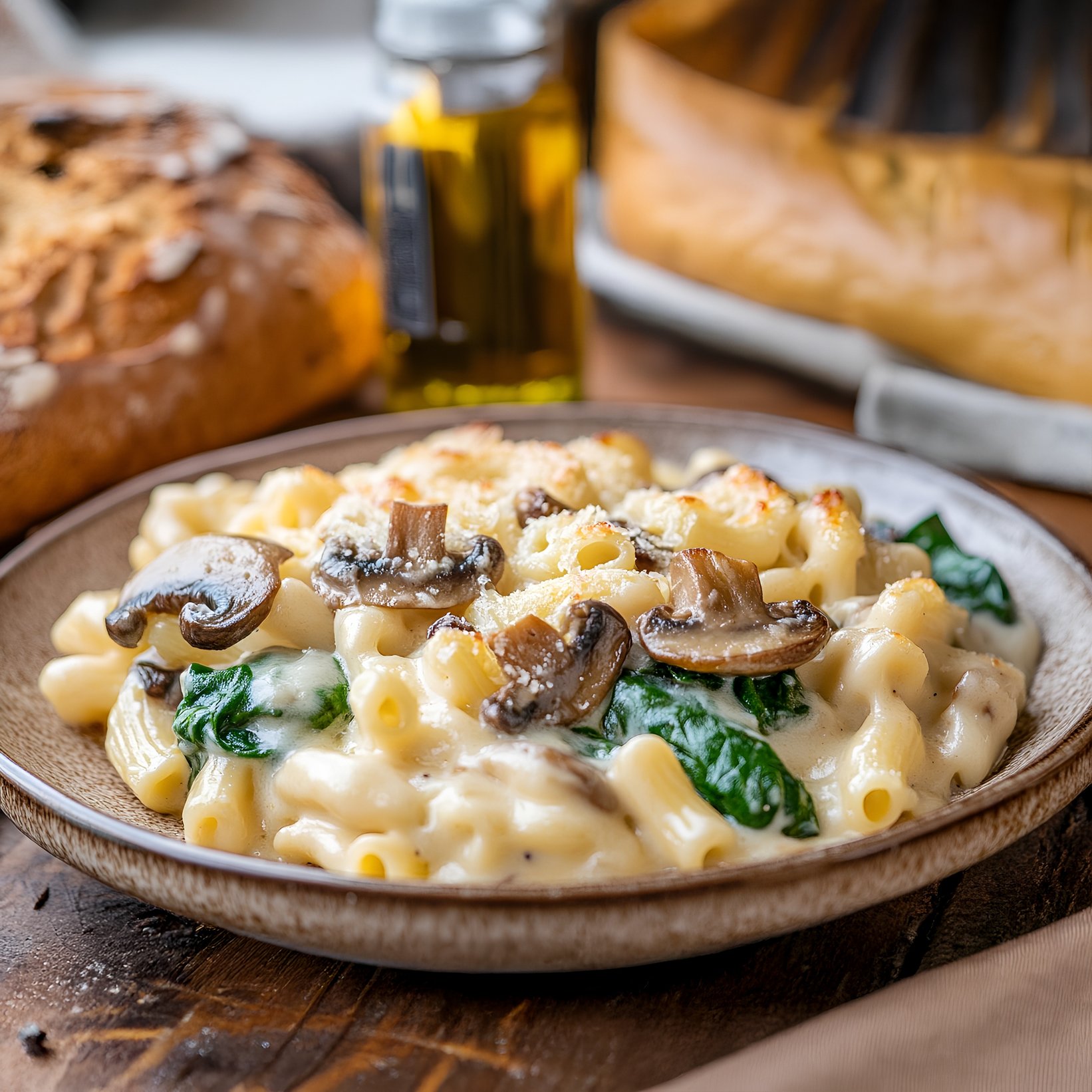 Mushrooms Spinach Mac and Cheese (Elbow macaroni, cheesy Alfredo blend, spinach, and mushrooms