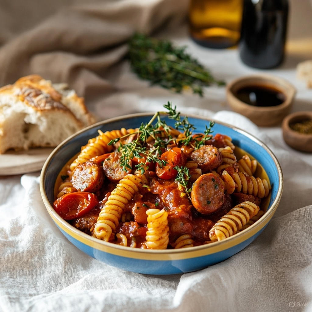 Sunset Sausage Marinara (Pasta, Italian Sausage, Cherry Tomatoes, Tomato Sauce).