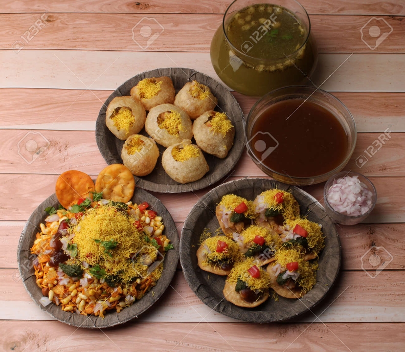 Royal Chaat (Paani Puri, Samosa Chaat, Sev Dahi Puri).