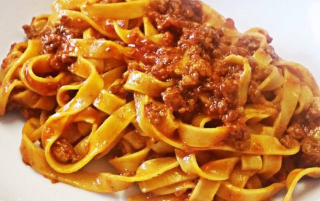 Vegan fettuccine alla bolognese.