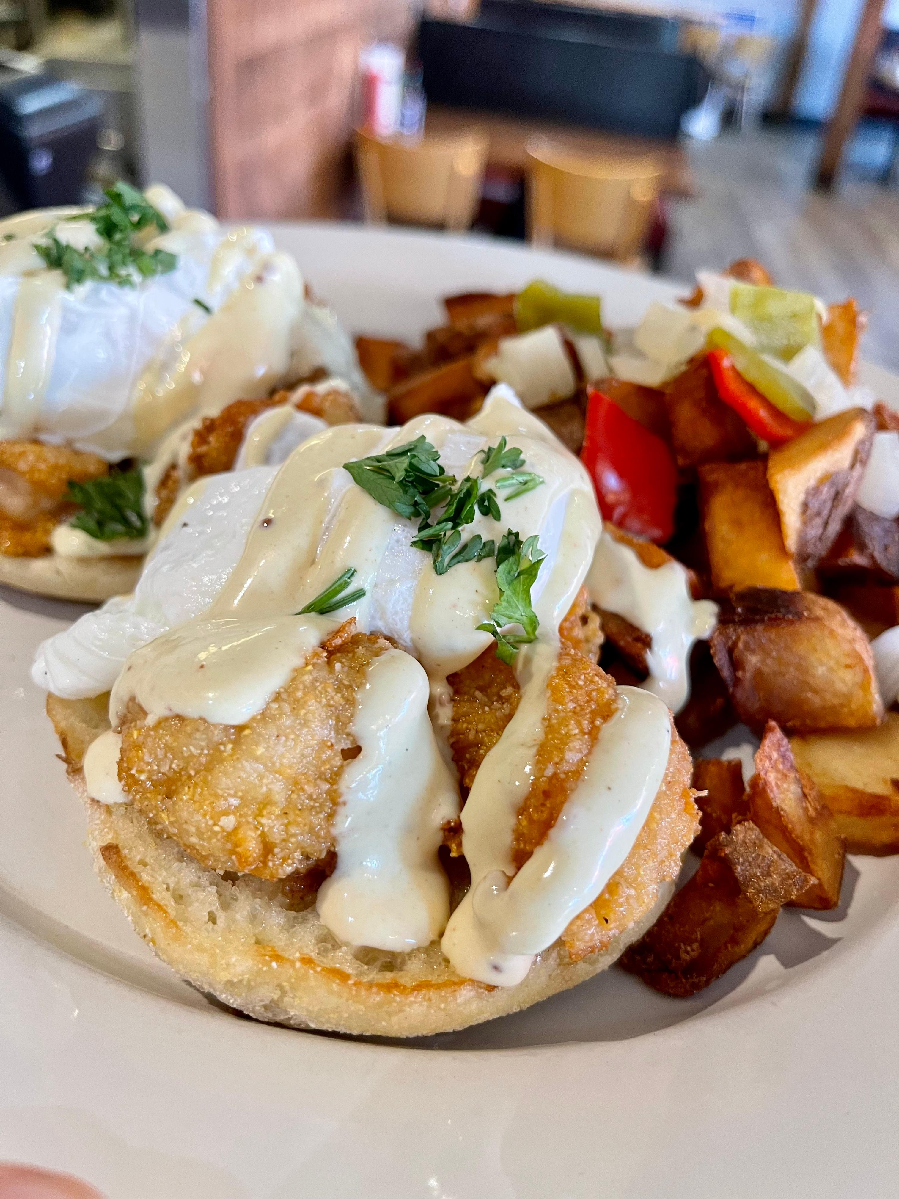 FRIED SHRIMP BENEDICT.