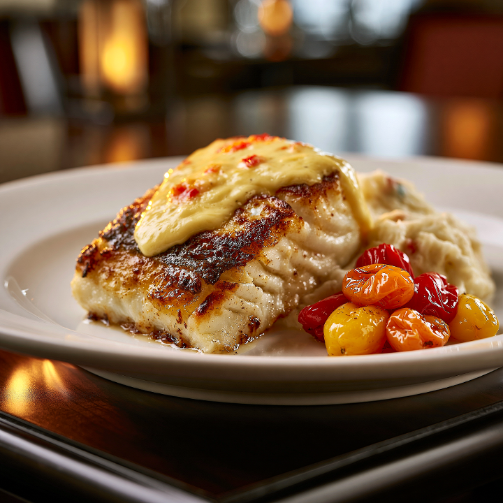 Pan-Seared Halibut with Hollandaise.