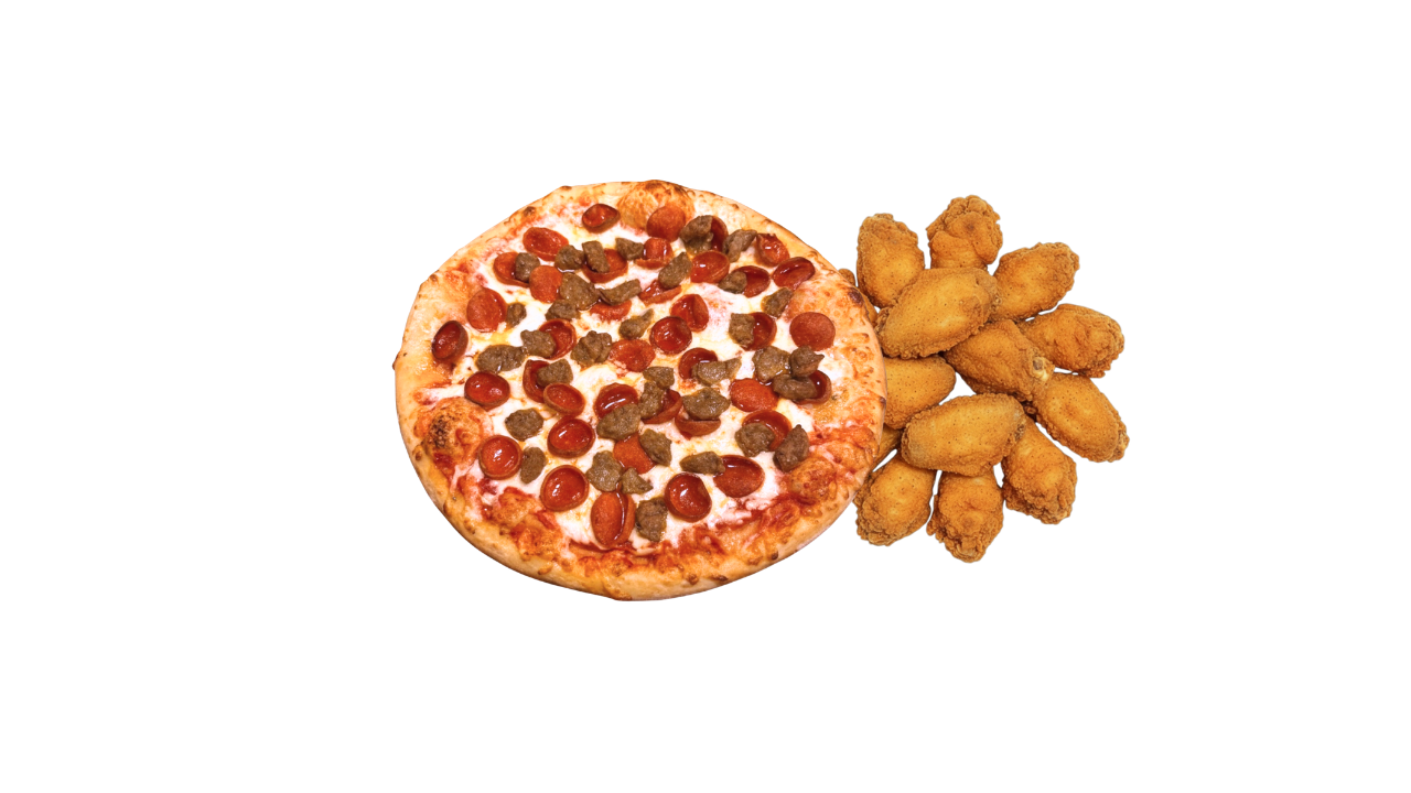 1 XL Pizza (1 Top) + 12 Wings.