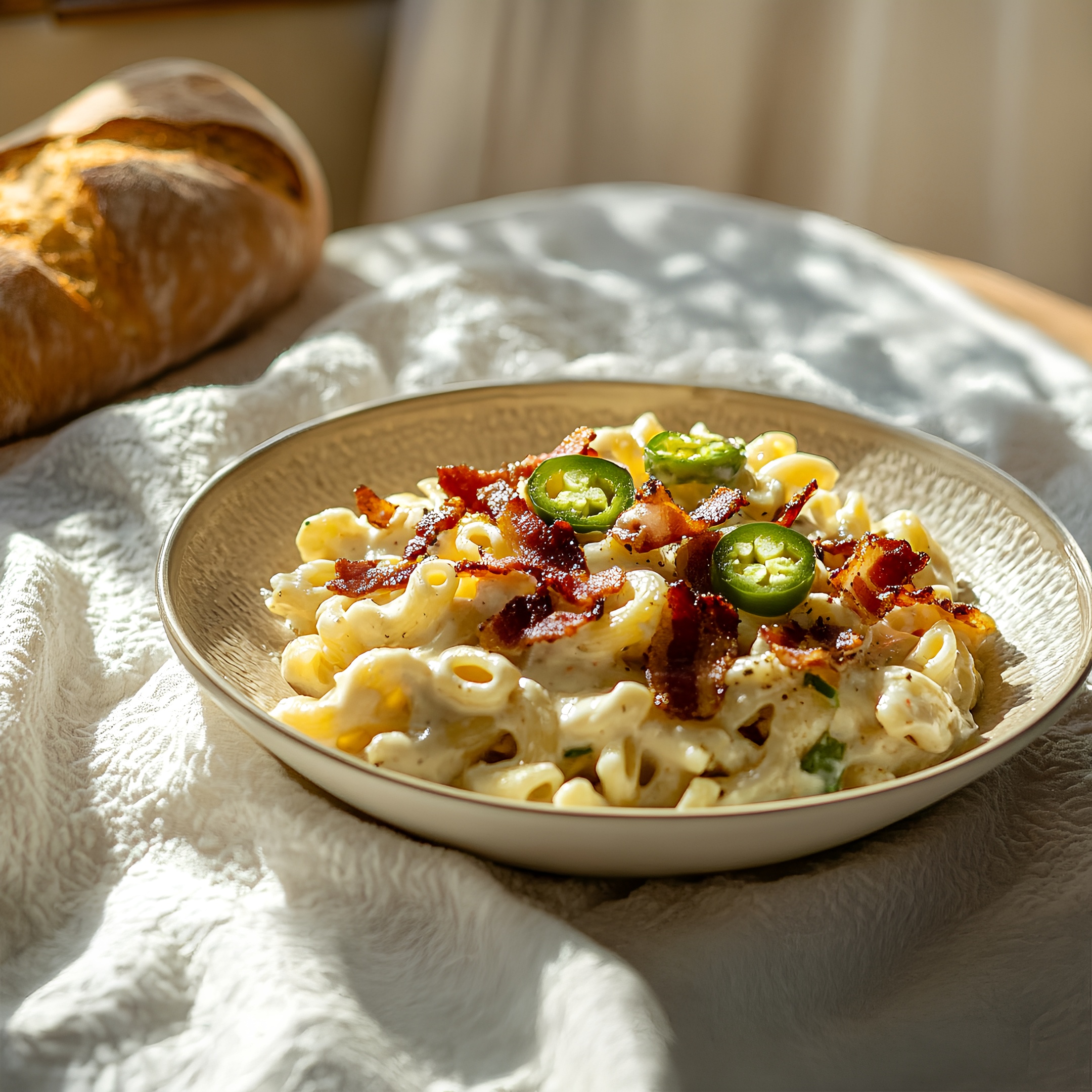 Bacon Jalapeño Mac and Cheese (Elbow macaroni, cheesy Alfredo blend, bacon, jalapeños, onions, and bell peppers).