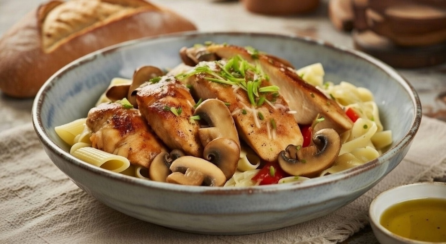 GF Chicken Mushroom (Gluten Free Penne Pasta, Grilled Chicken, Mushroom Sauce, Mushrooms, Parmesan) copy.