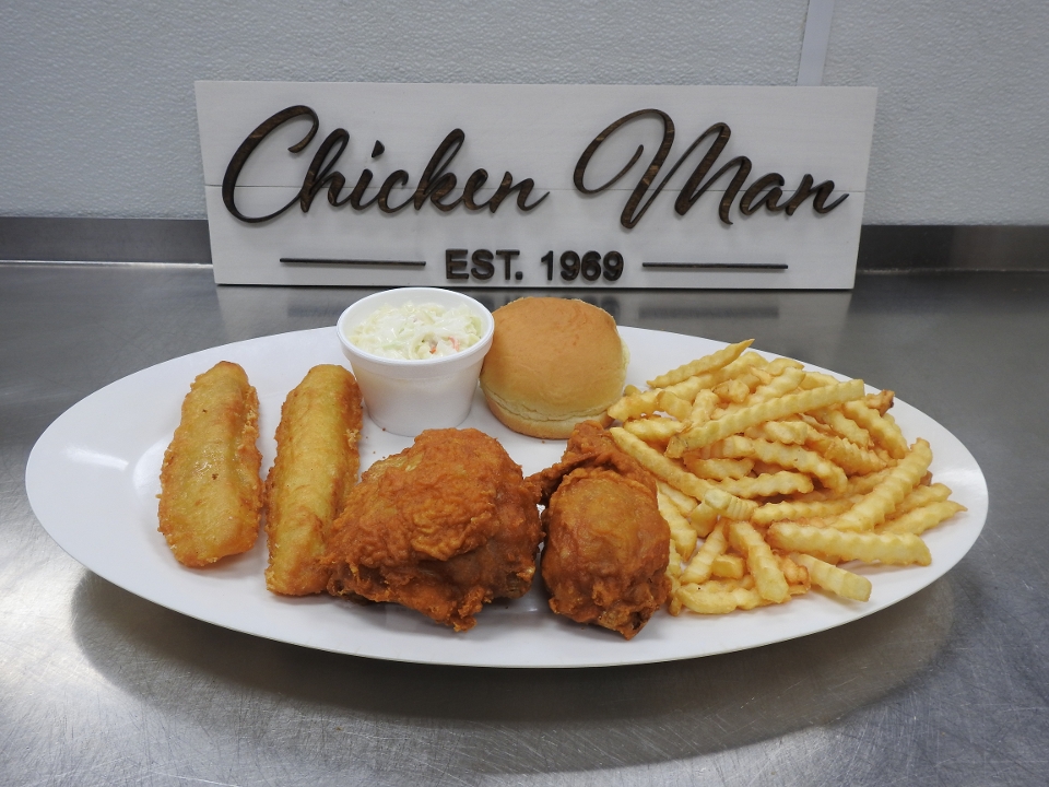 Chicken & Beer Battered Cod Dinner.