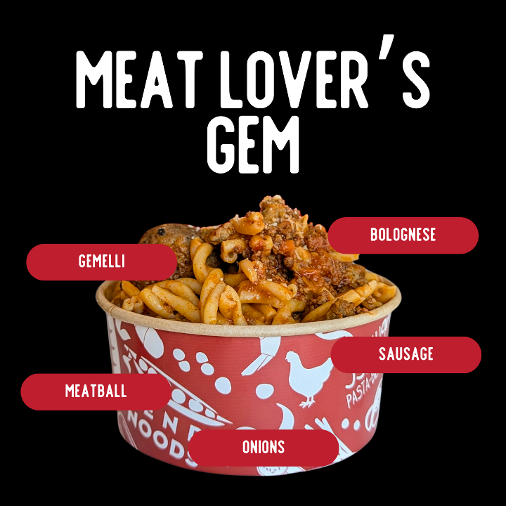 Meat Lovers: Gemelli, meatball, sausage, onions, bolognese sauce.
