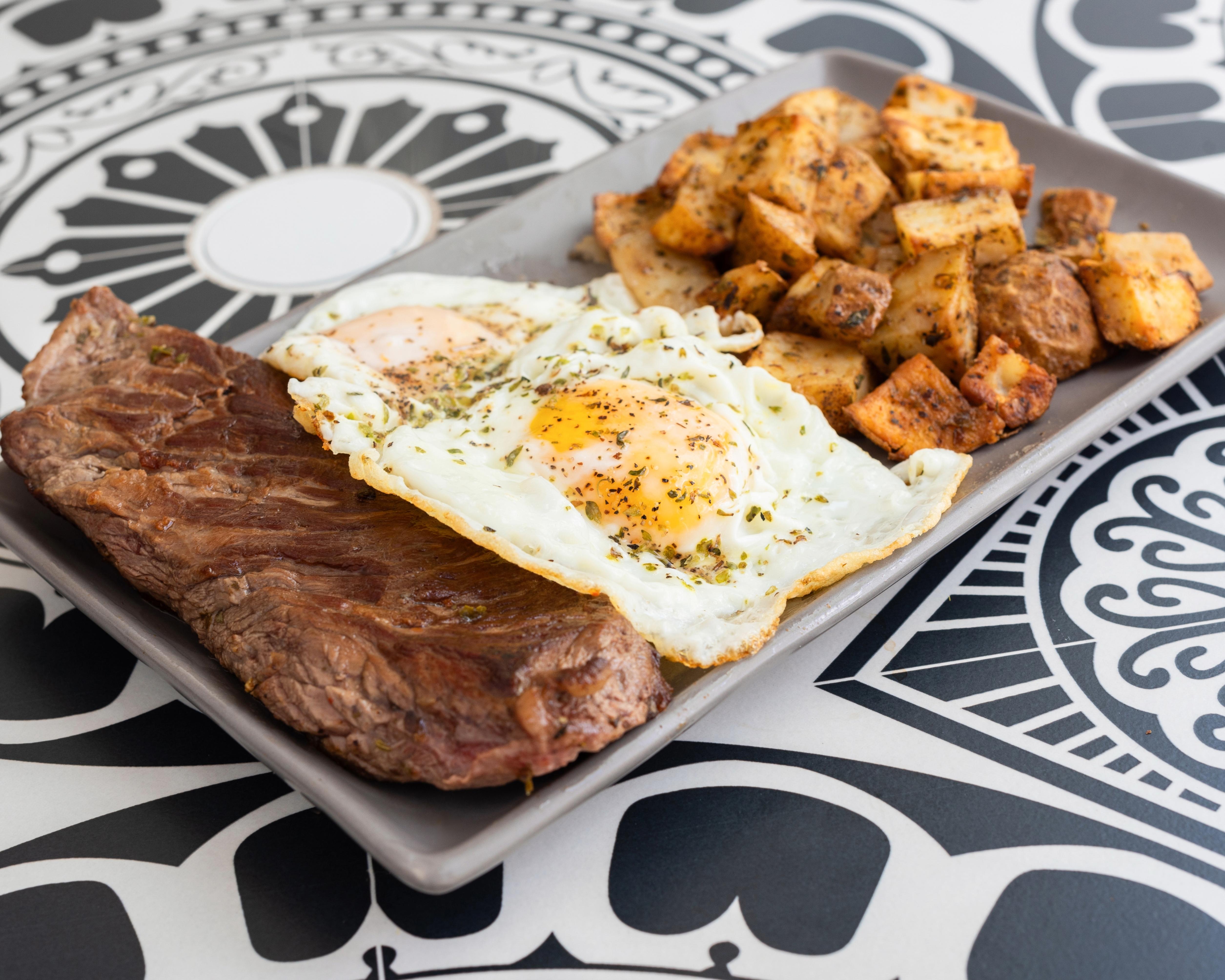 Steak, Eggs, and Potatoes.