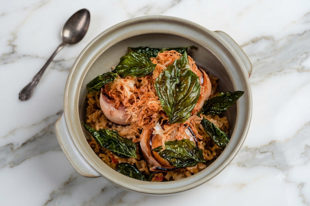 Seared Bacon Wrapped Scallop, Fried Rice.